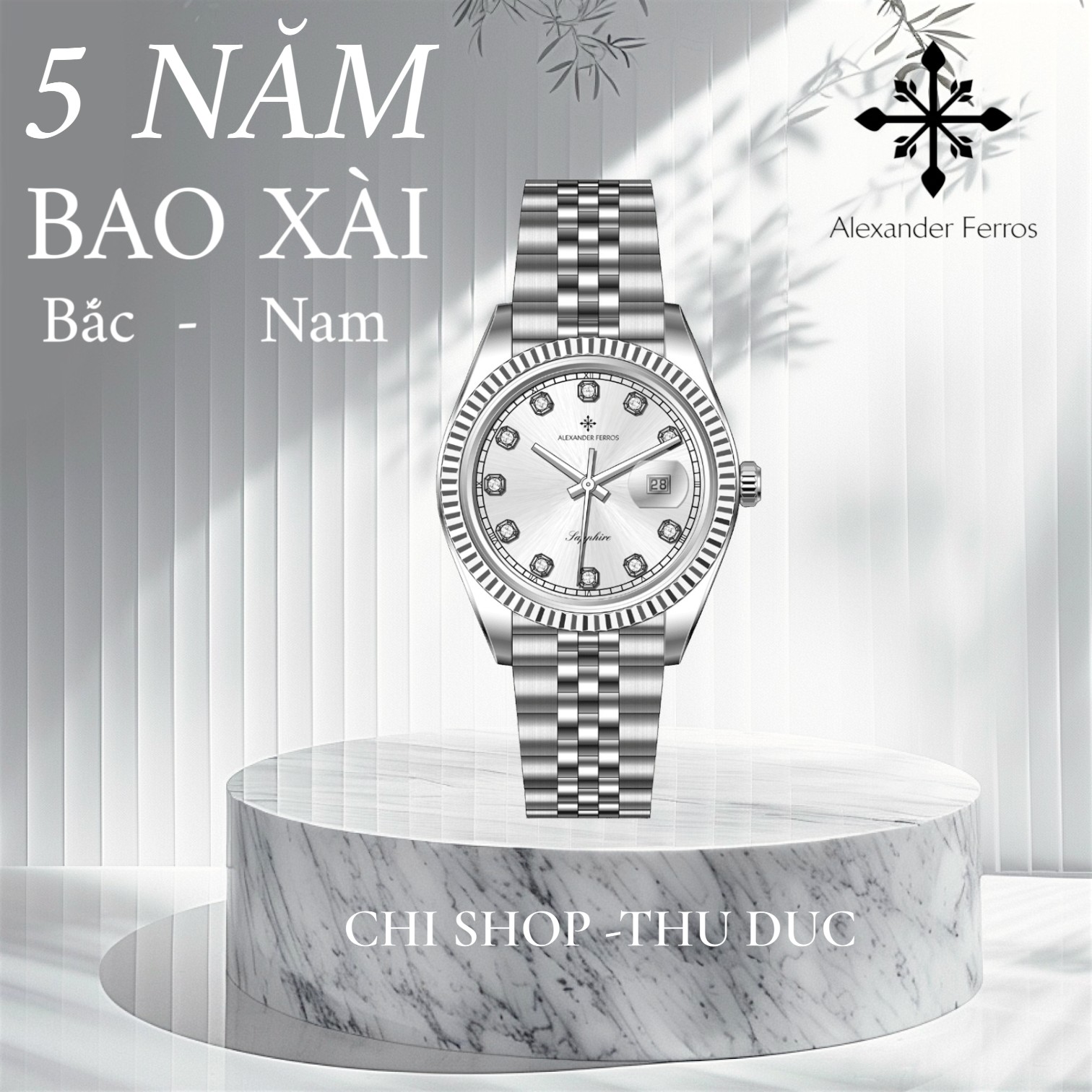 Đồng hồ nam Alexander Ferros 8382S/02 – máy Quartz Miyota 2115, kim Dauphine, mặt trắng kim loại 40mm