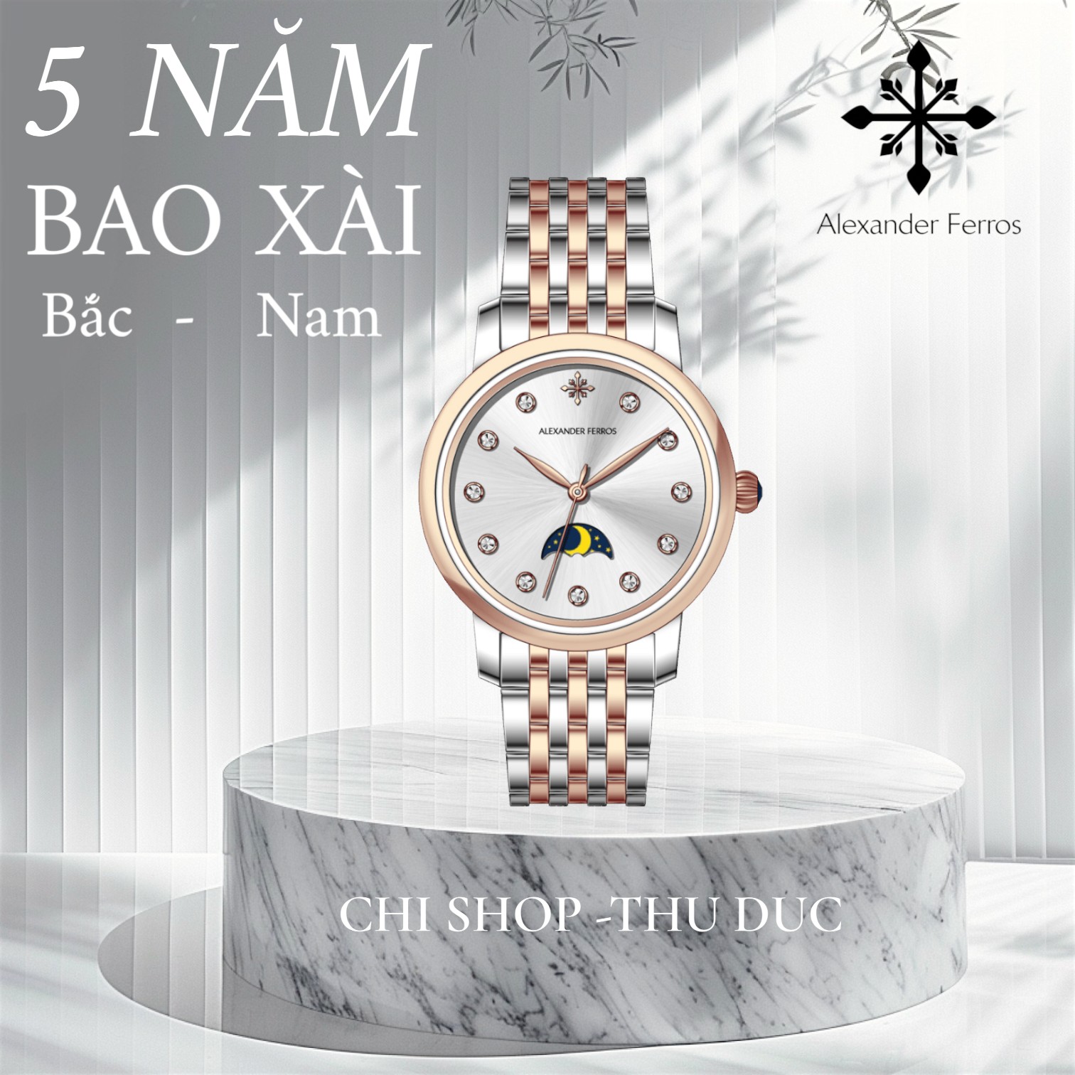 Đồng hồ nữ Alexander Ferros 9322D/02 – Moonphase máy pin, niềng trơn, mặt trắng kim loại 33mm, kính Sapphire