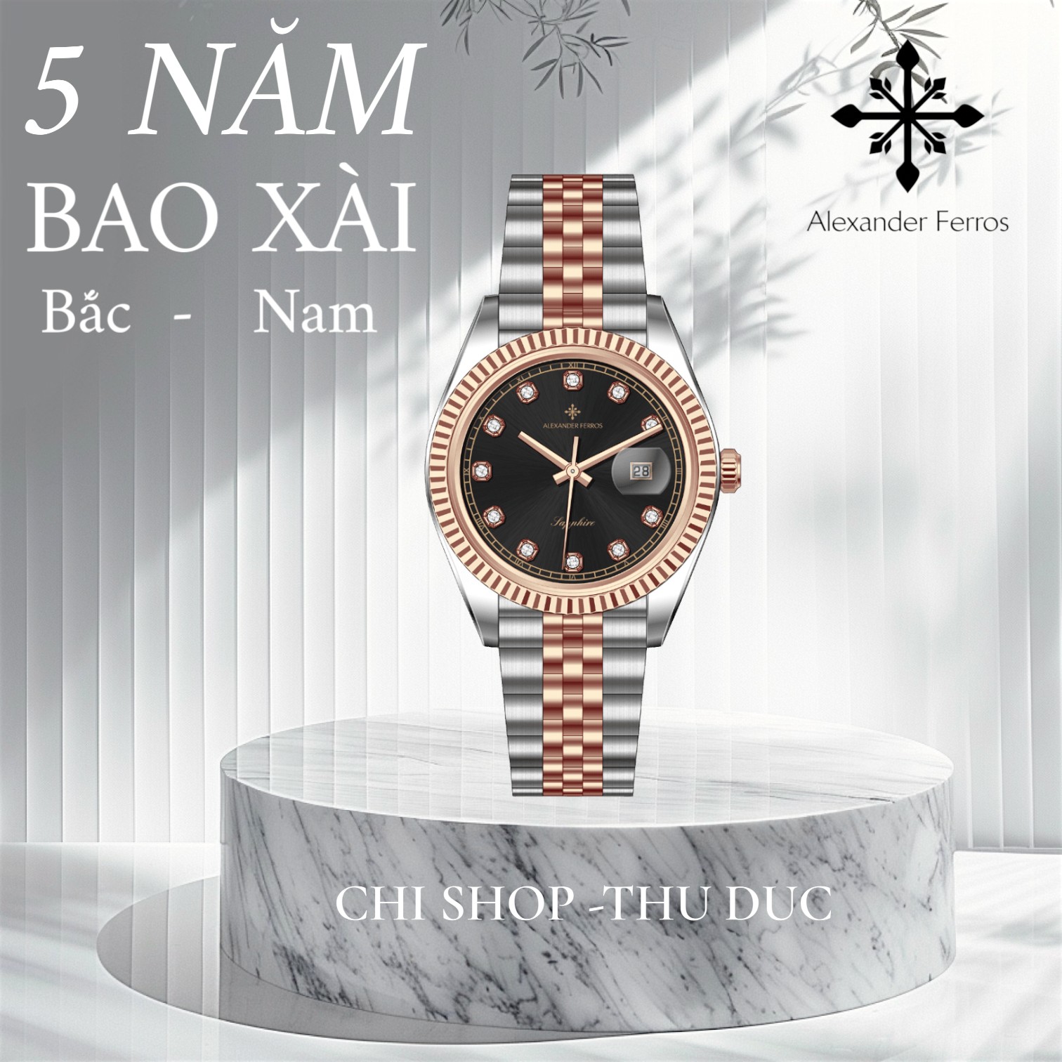 Đồng hồ nam Alexander Ferros 8382D/01 – máy Quartz Miyota 2115, kim Dauphine, mặt đen 40mm, kính Sapphire