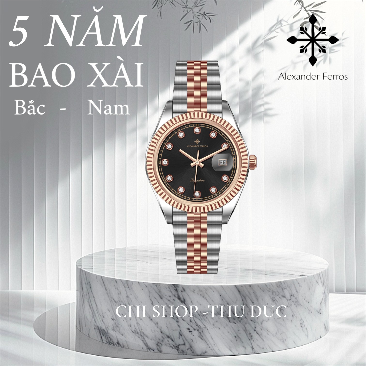 Đồng hồ nam Alexander Ferros 8392D/01 – máy Quartz Miyota 2115, kim Dauphine, mặt đen 38mm, kính Sapphire