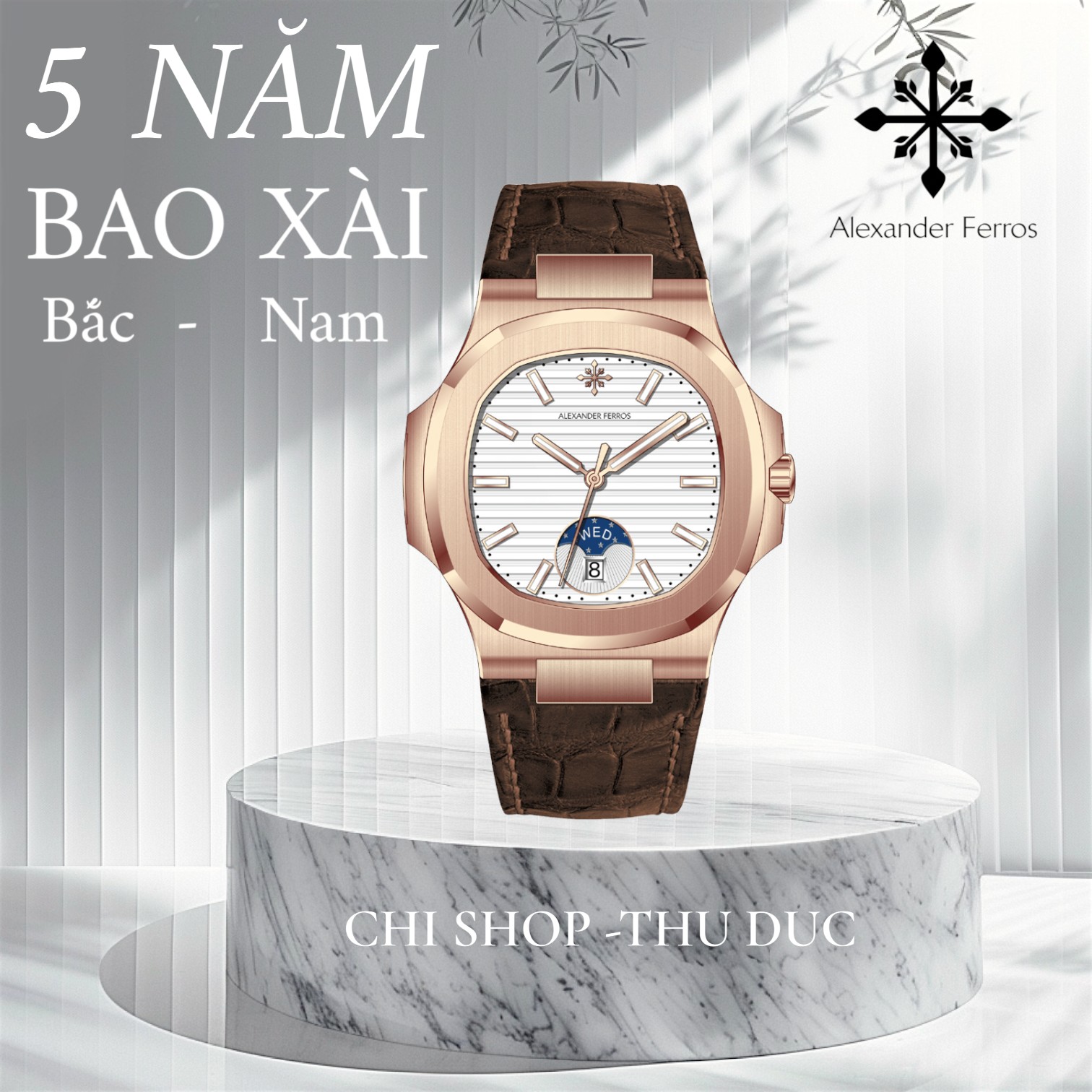 Đồng Hồ Nam Alexander Ferros 6122R-02 Moonphase Vỏ Bát Giác Mạ Vàng Hồng Kim Dạ Quang