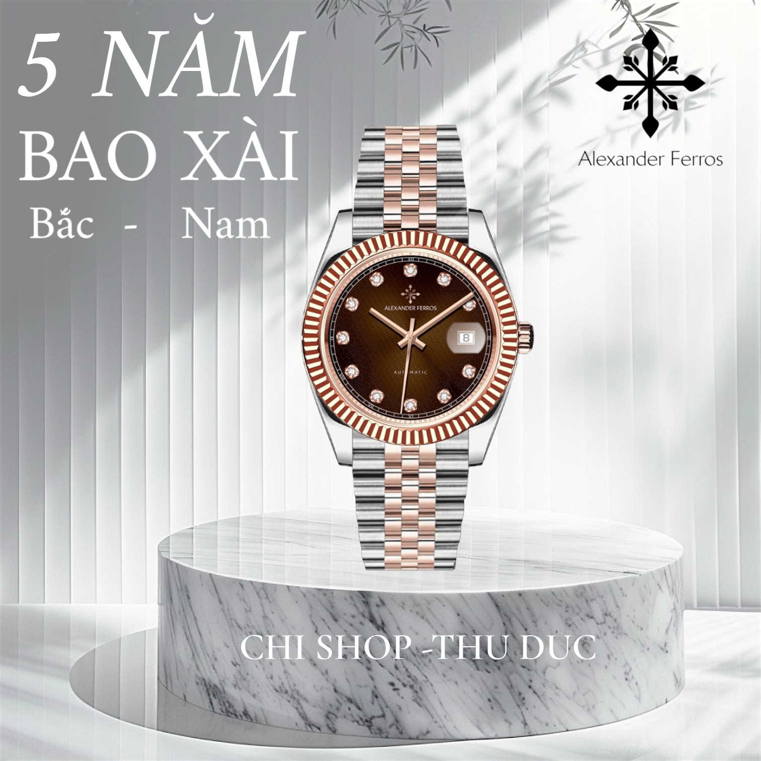 Đồng Hồ Nam Alexander Ferros 8032D/08 Demi Vàng Hồng Vành Khía Máy Nhật Kính Sapphire