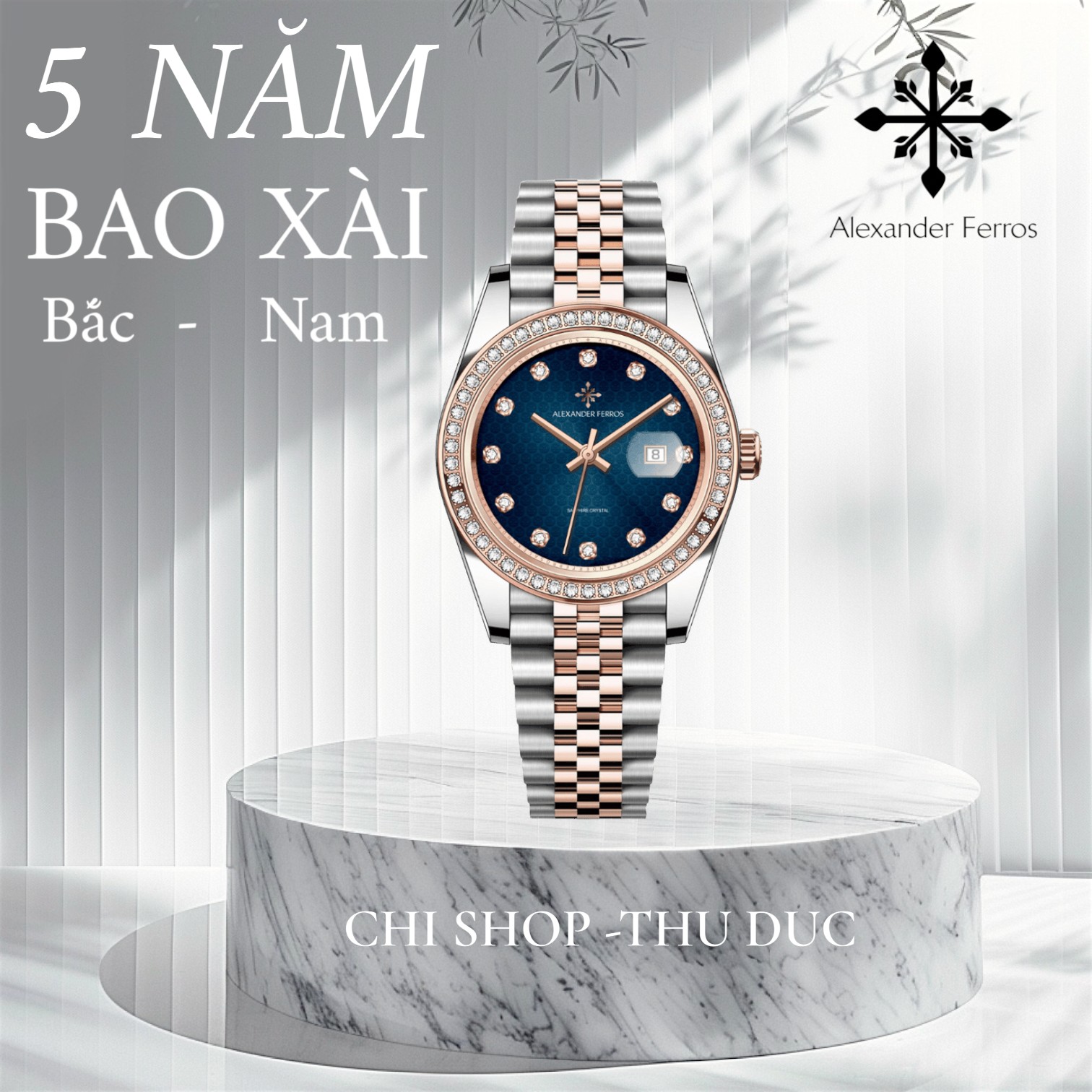 Đồng hồ nữ Alexander Ferros 8371D/05 – máy Quartz GL12, niềng đính đá, mặt xanh 31mm, kính Sapphire, dây kim loại