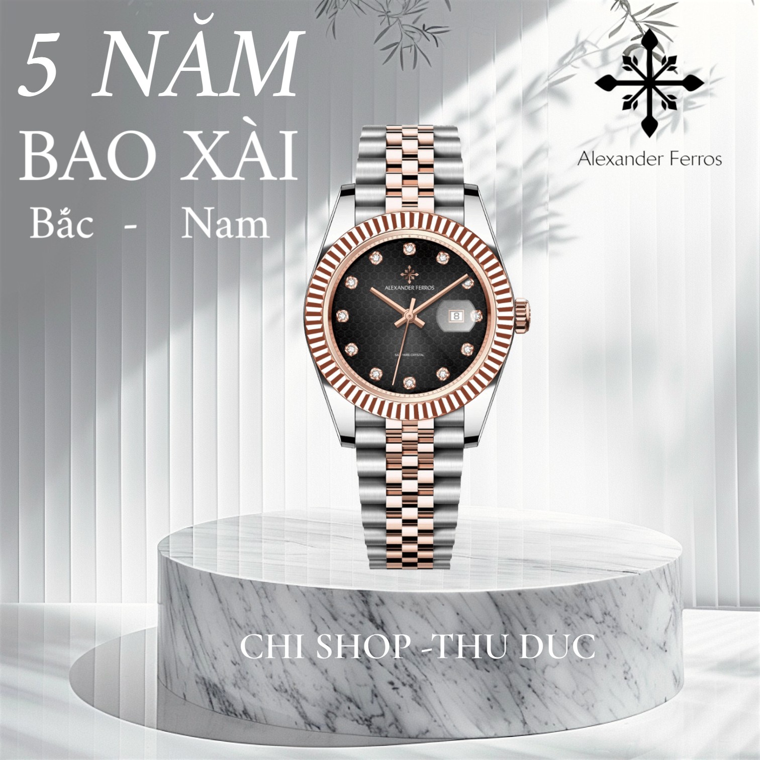 Đồng hồ nữ Alexander Ferros 8372D/01 – máy Quartz GL12, niềng khía Fluted, mặt đen 31mm, kính Sapphire