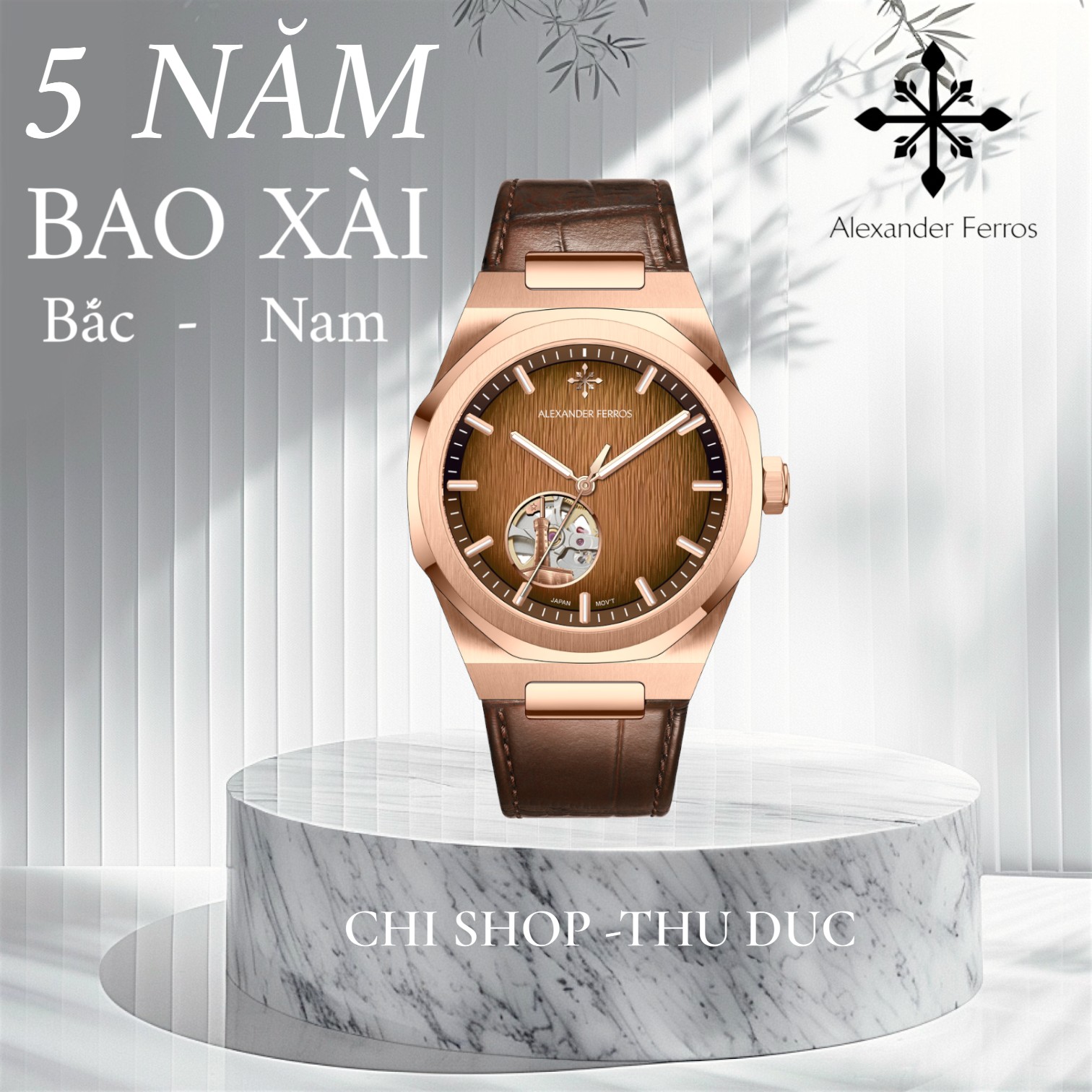 Đồng Hồ Nam Alexander Ferros 9292R-08 Open Heart Cột Cờ Hà Nội Mặt Vân Gỗ Mạ Vàng Hồng