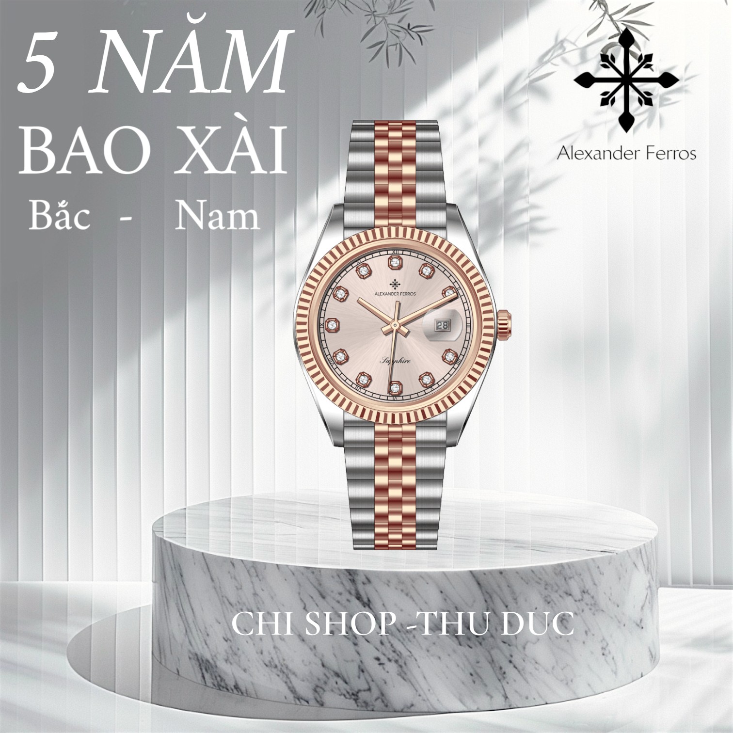 Đồng hồ nam Alexander Ferros 8382D/15 – máy Quartz Miyota 2115, kim Dauphine, mặt vàng đính đá 40mm, kính Sapphire
