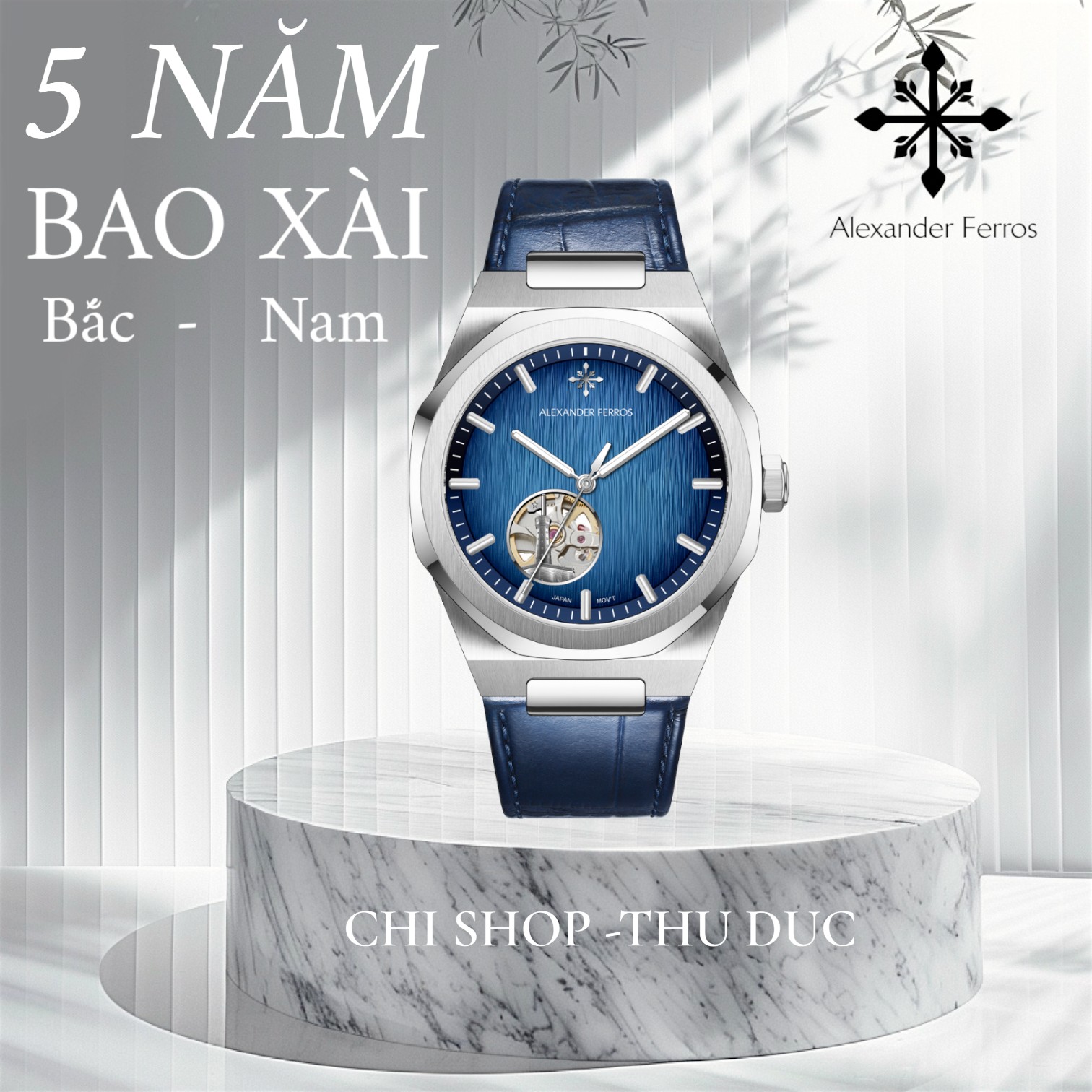 Đồng Hồ Nam Alexander Ferros 9292S-05 Open Heart Cột Cờ Hà Nội Mặt Vân Gỗ Thép Không Gỉ