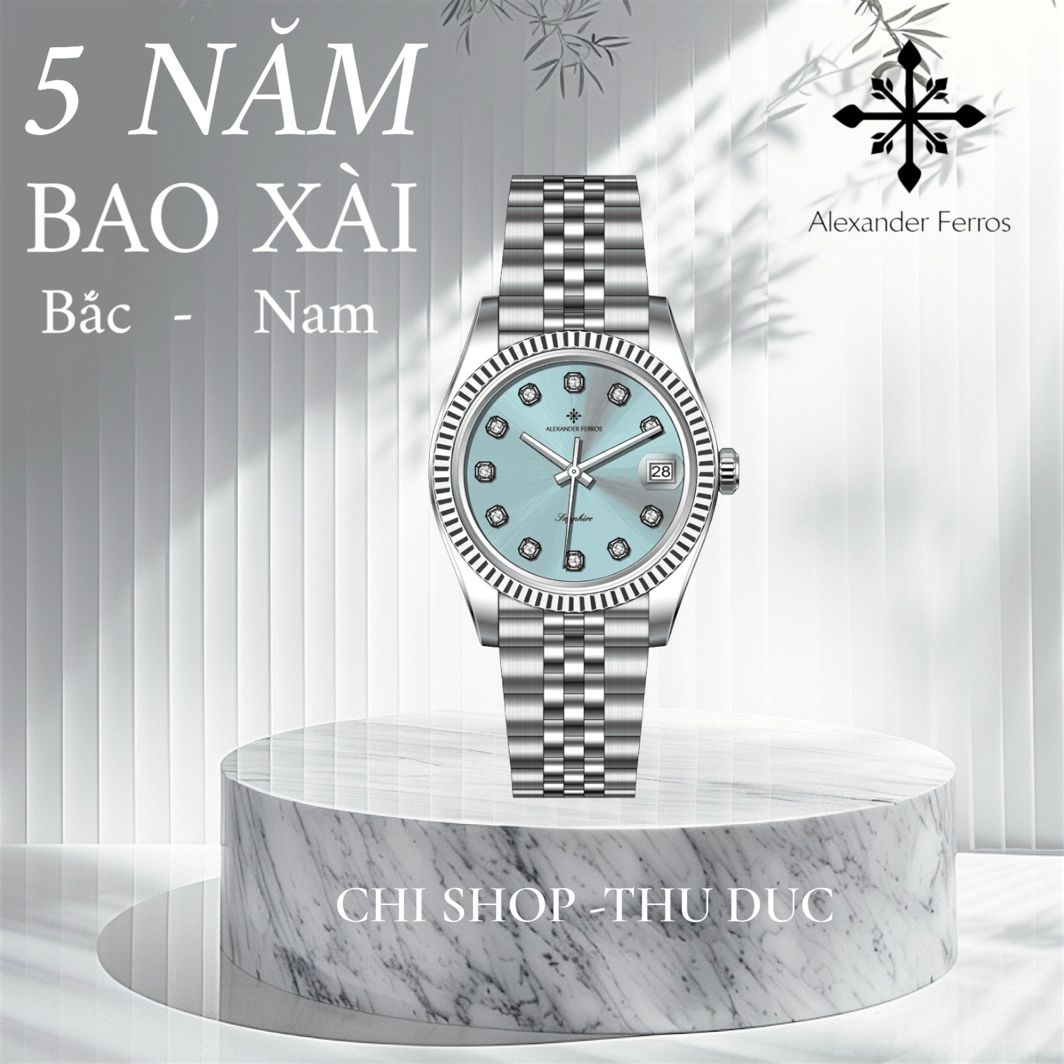 Đồng hồ nữ Alexander Ferros 8222S/13 – máy Quartz Nhật Bản, mặt xanh Tiffany 31mm, kính Sapphire, dây kim loại