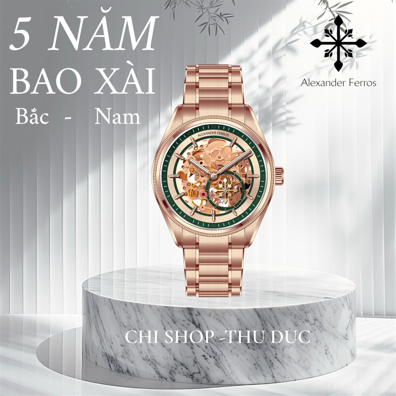 Đồng Hồ Nam Alexander Ferros 9262R/06 Máy Cơ Lộ Cơ Skeleton Cọc Số La Mã Mạ Vàng Hồng