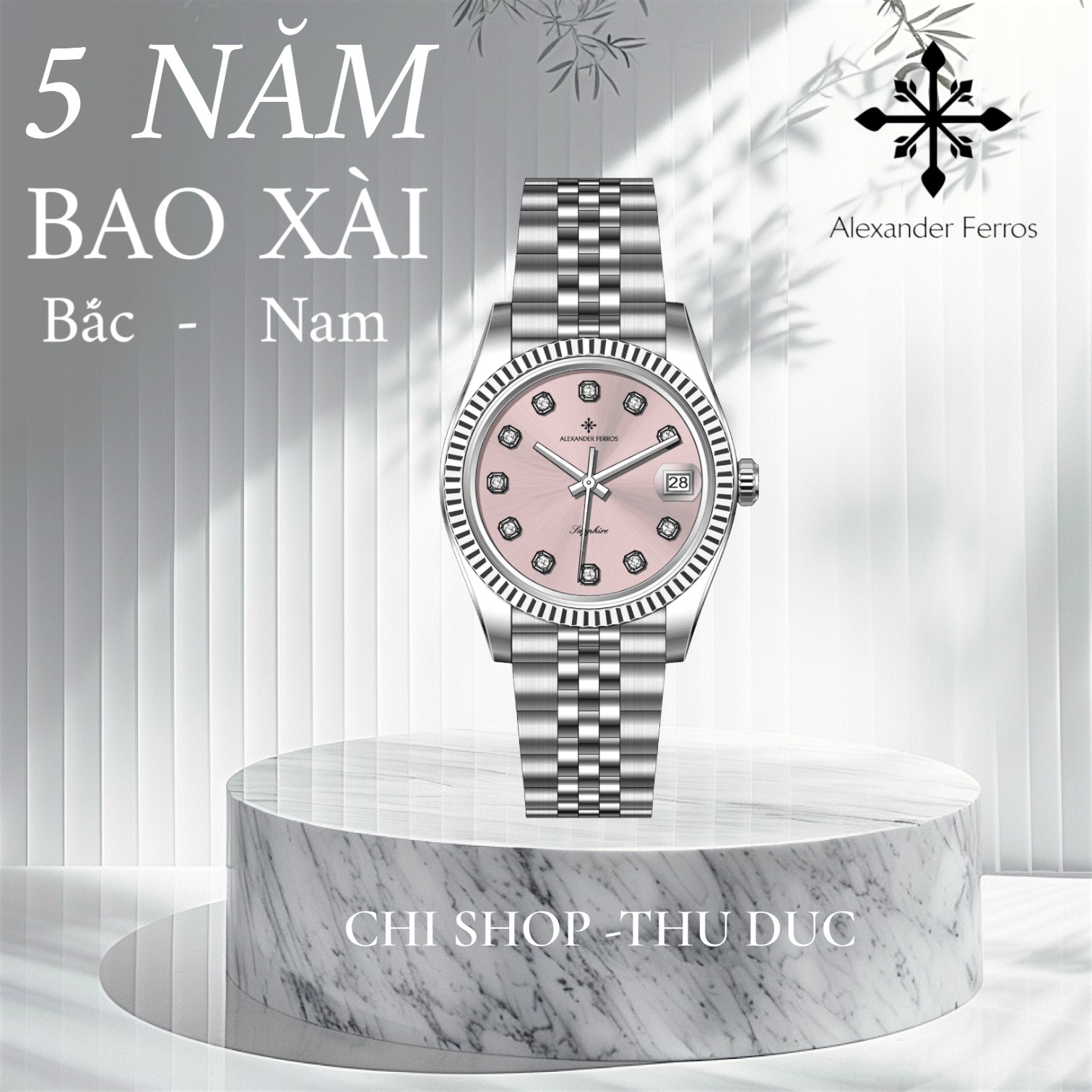Đồng hồ nữ Alexander Ferros 8222S/16 – máy Quartz Nhật Bản, mặt hồng 31mm, kính Sapphire, dây kim loại