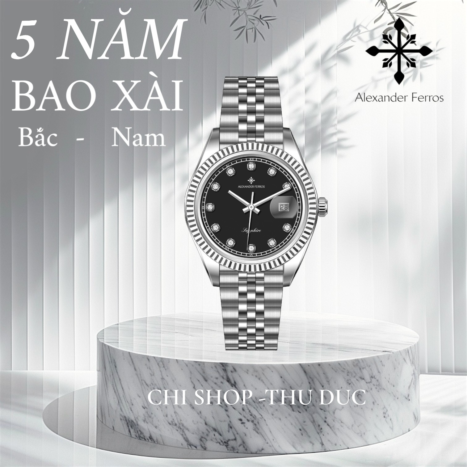 Đồng hồ nam Alexander Ferros 8392S/01 – máy Quartz Miyota 2115, kim Dauphine, mặt đen 38mm, kính Sapphire