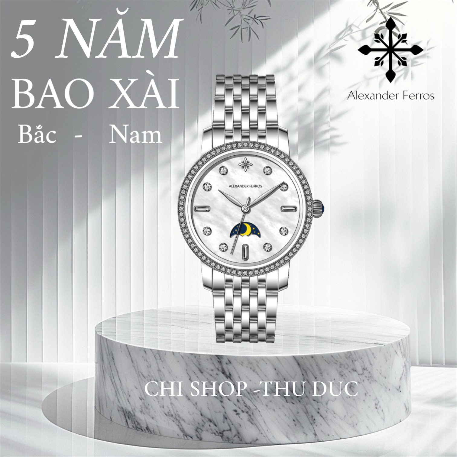 Đồng hồ nữ Alexander Ferros 9321S/19 – Moonphase máy pin, niềng đính đá, mặt trắng đính đá 33mm, kính Sapphire