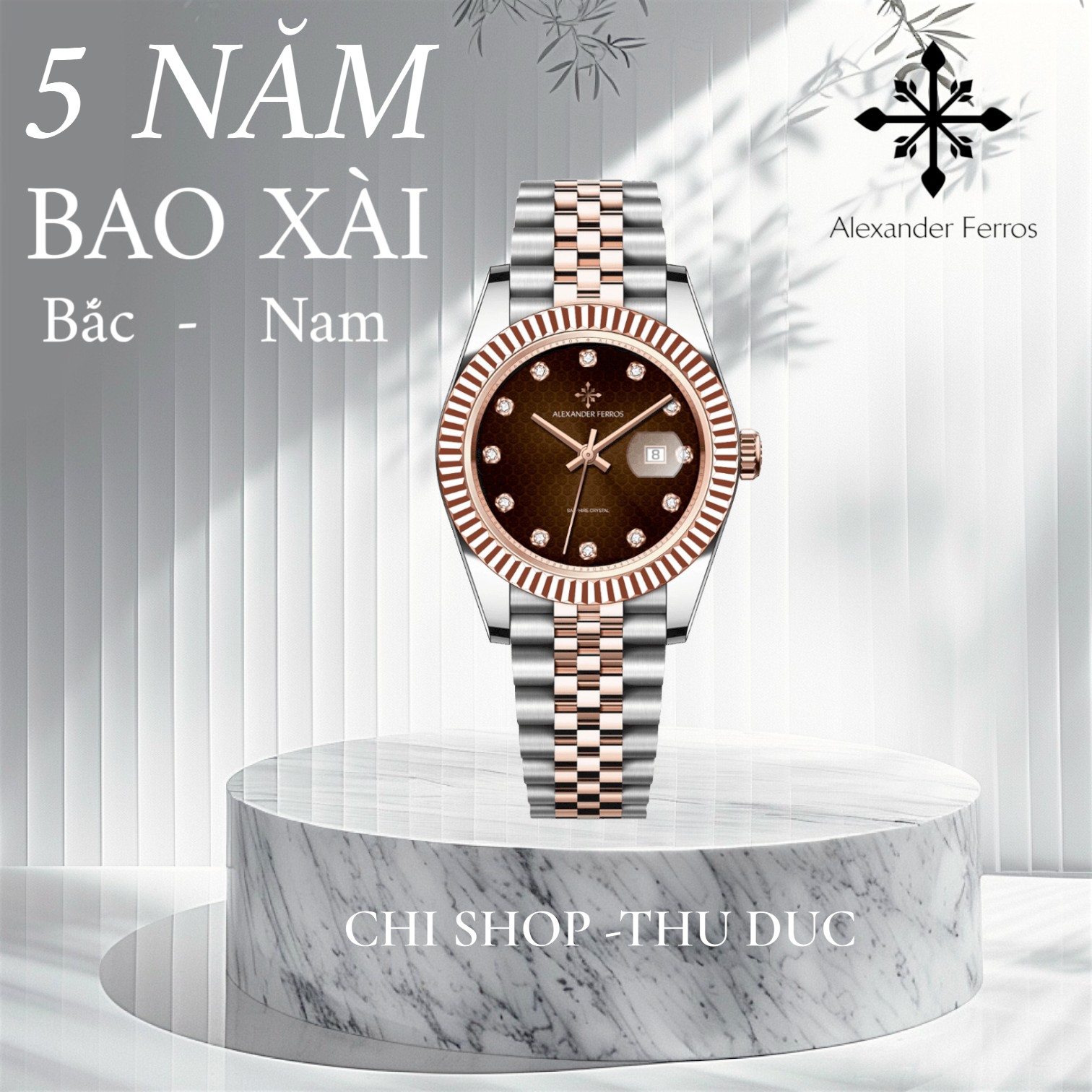 Đồng hồ nữ Alexander Ferros 8372D/08 – máy Quartz GL12, niềng khía Fluted, mặt nâu 31mm, kính Sapphire