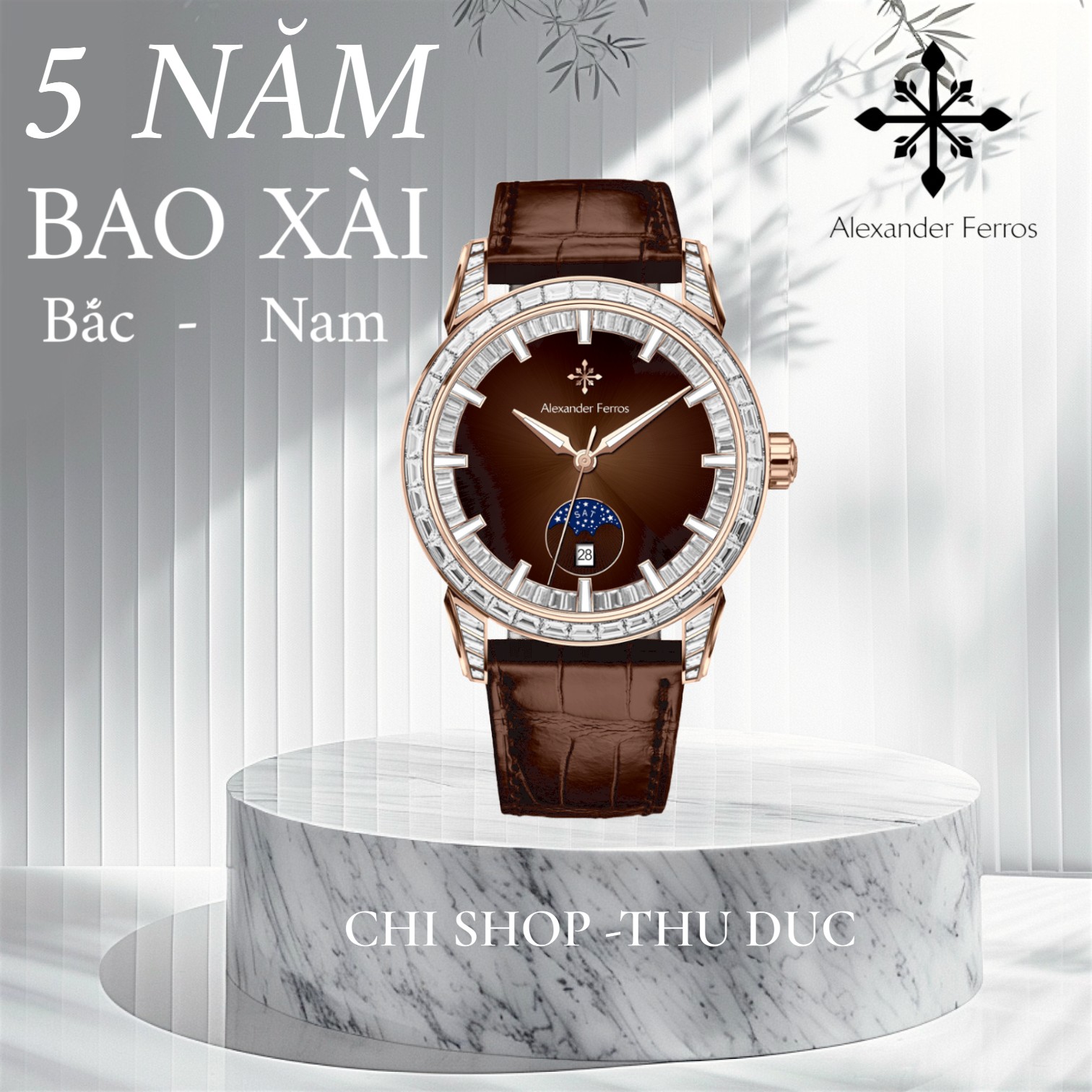 Đồng Hồ Nam Alexander Ferros 9081R-08 Máy Cơ Tự Động Dây Da Mạ Vàng Hồng