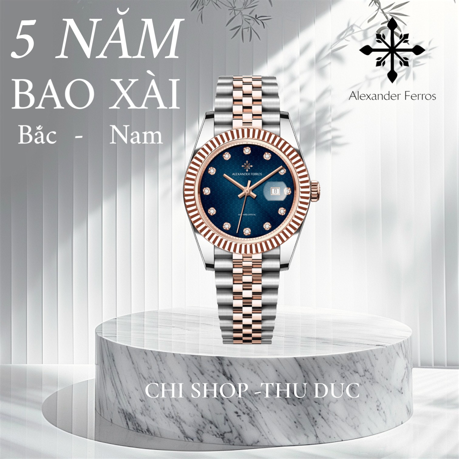 Đồng hồ nữ Alexander Ferros 8372D/05 – máy Quartz GL12, niềng khía Fluted, mặt xanh 31mm, kính Sapphire