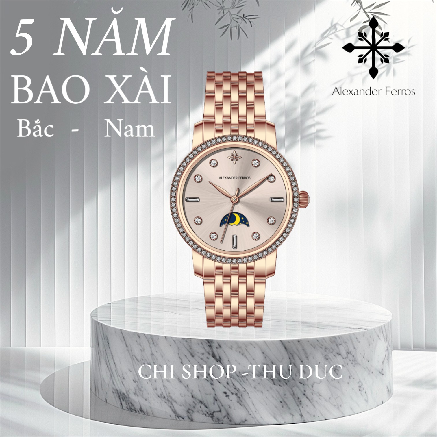 Đồng hồ nữ Alexander Ferros 9321R/15 – Moonphase máy pin, niềng đính đá, mặt vàng đính đá 33mm, kính Sapphire