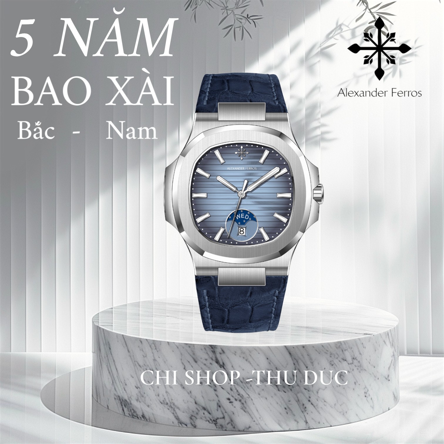 Đồng Hồ Nam Alexander Ferros 6122S-05 Moonphase Vỏ Bát Giác Thép Không Gỉ Kim Dạ Quang