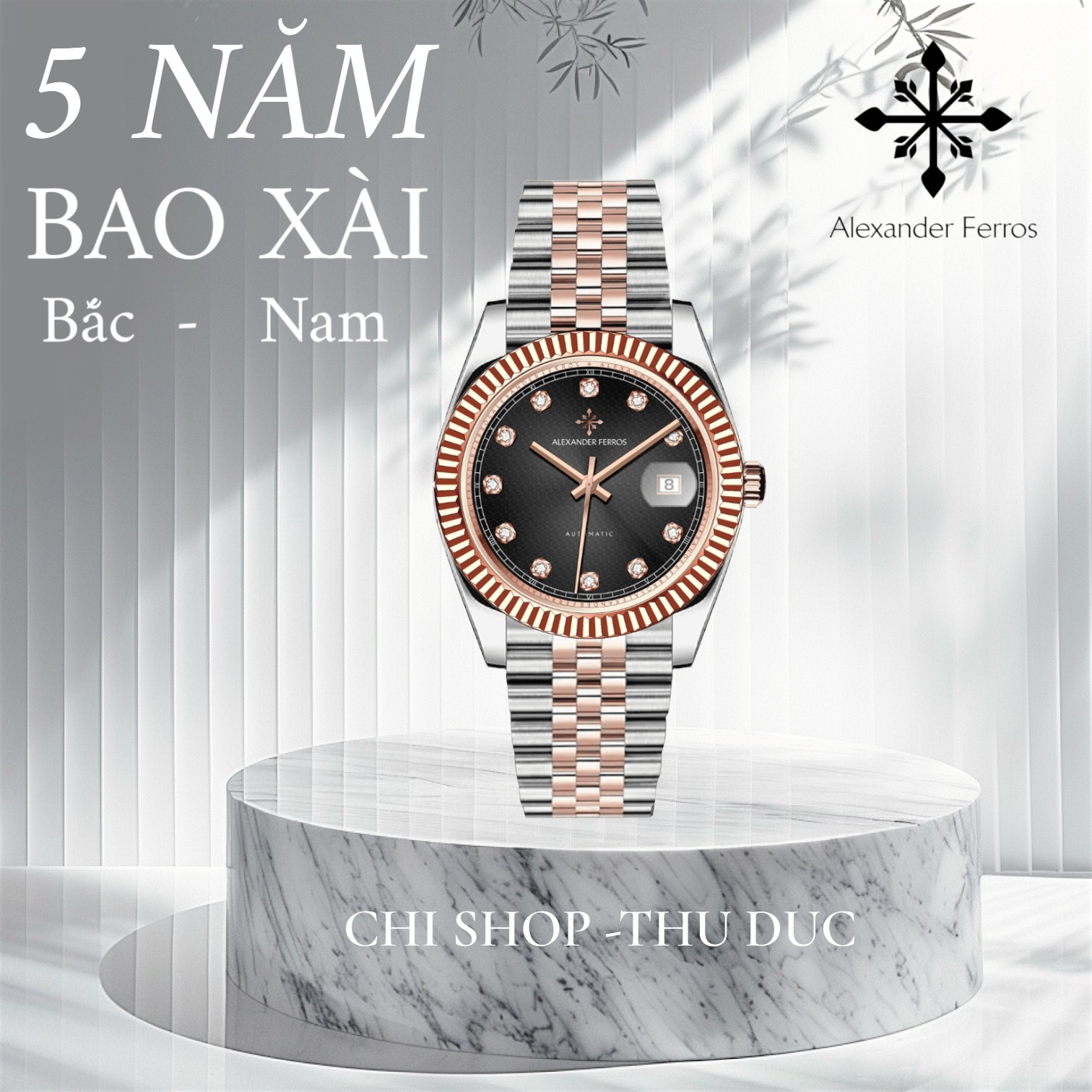 Đồng Hồ Nam Alexander Ferros 8032D/01 Demi Vàng Hồng Vành Khía Máy Nhật Kính Sapphire