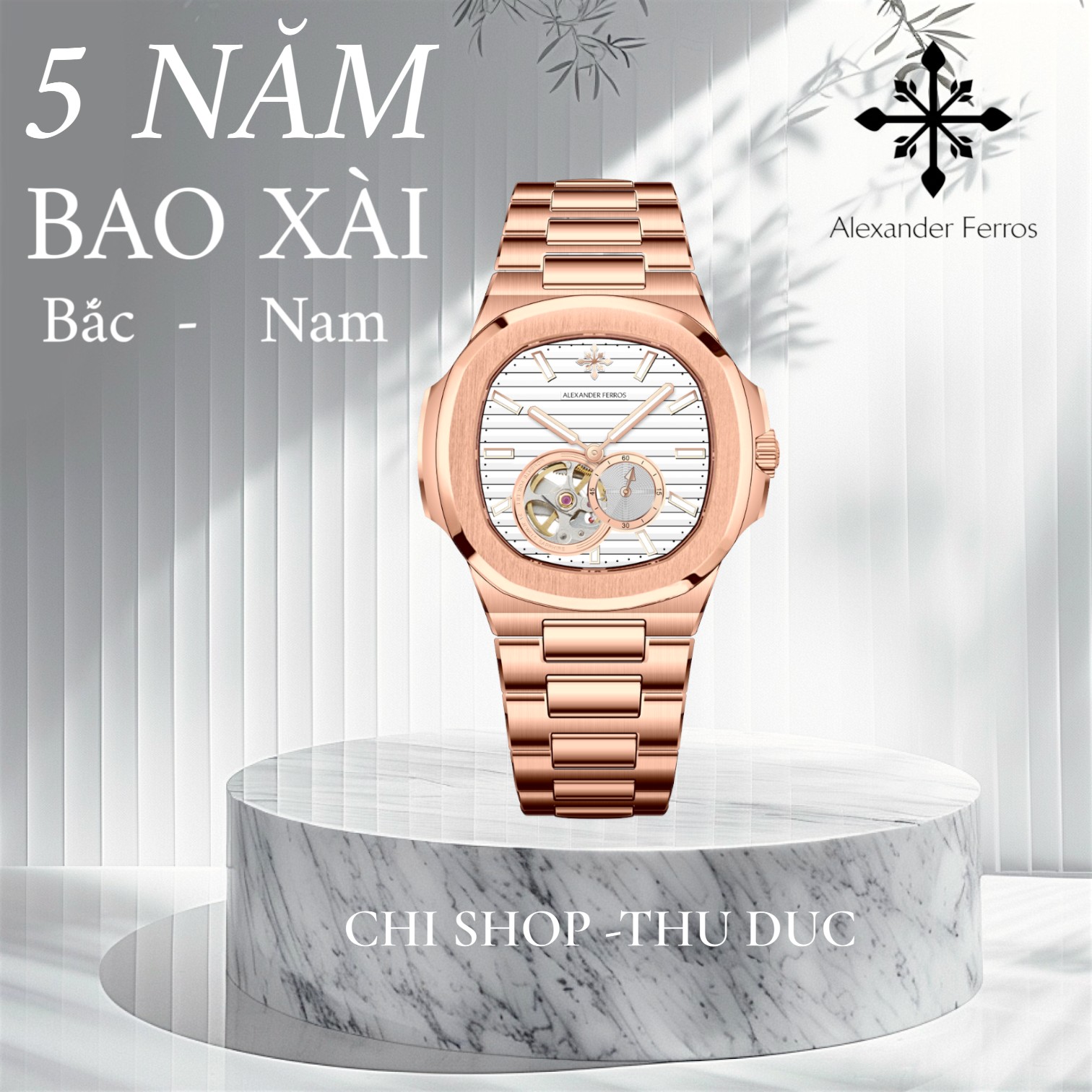 Đồng Hồ Nam Alexander Ferros 6312R/02 Mặt Số Xanh Lam Kẻ Ngang Mạ Vàng Hồng Sapphire