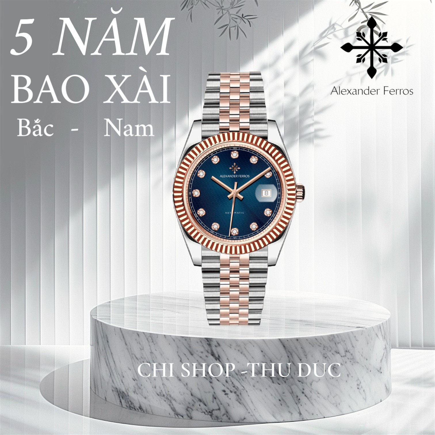 Đồng Hồ Nam Alexander Ferros 8032D/05 Demi Vàng Hồng Vành Khía Máy Nhật Kính Sapphire