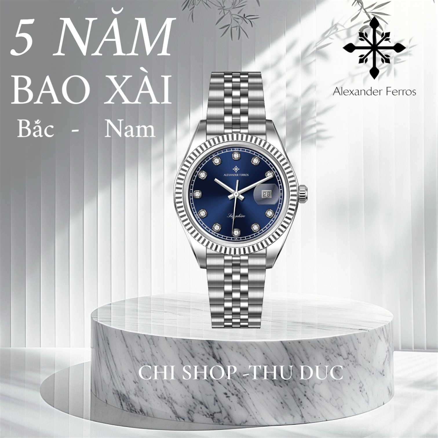 Đồng hồ nam Alexander Ferros 8392S/05 – máy Quartz Miyota 2115, kim Dauphine, mặt xanh 38mm, kính Sapphire