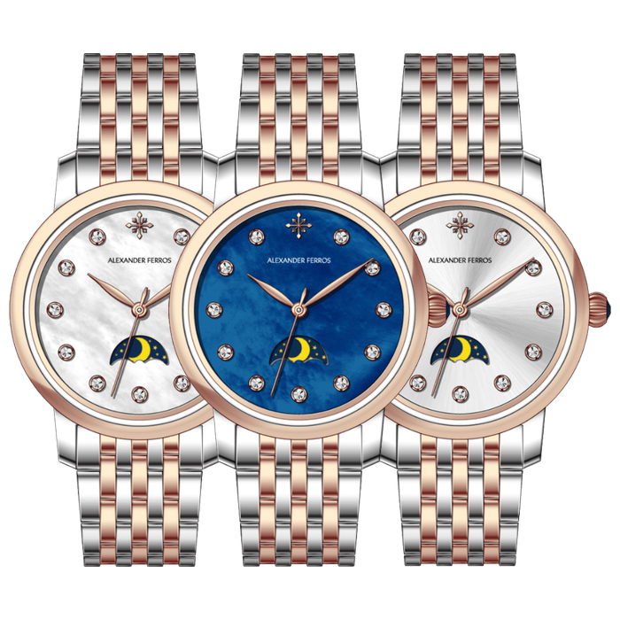 Đồng Hồ Nữ Alexander Ferros 9322D/02 Moonphase Khảm Trai Mother of Pearl Kính Sapphire 33mm 5 ATM