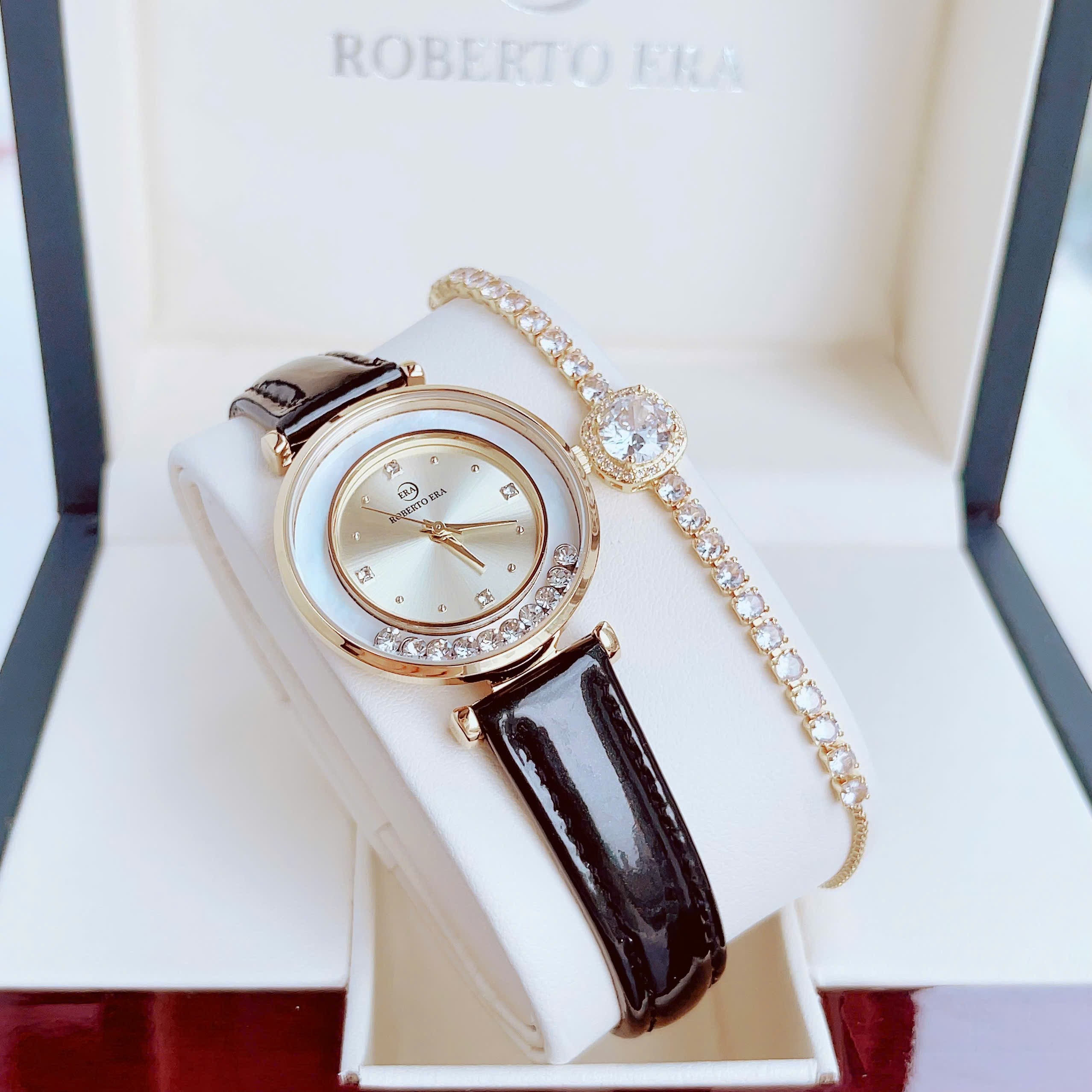 Đồng Hồ Roberto Era Nữ 32mm Đá Kim Cương Lấp Lánh Dây Da Tím