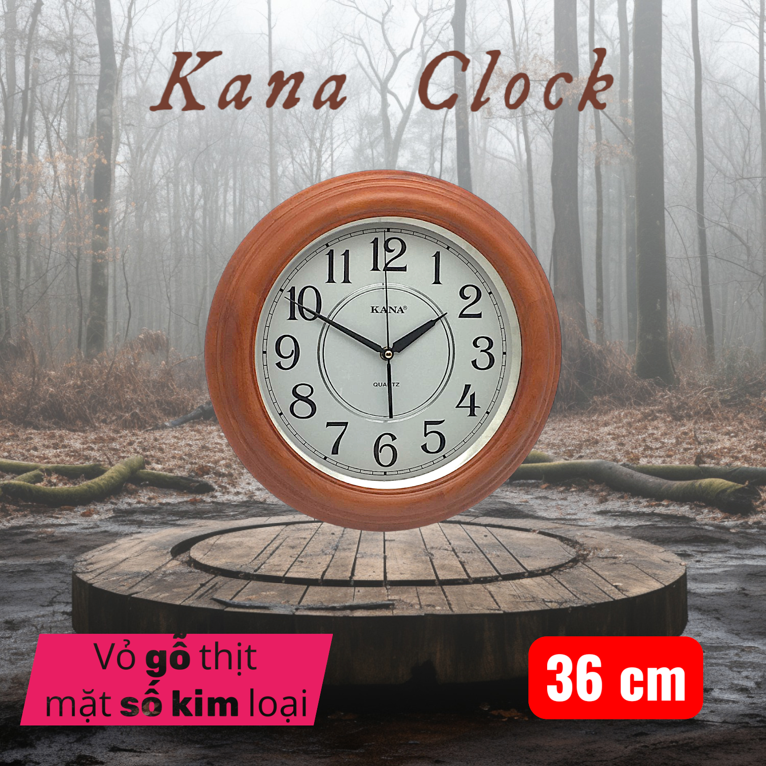 tròn treo tường gỗ, Kana Kn14, gỗ thật mặt số nhôm, hàng cao cấp, made in vietnam - Gỗ Xoan Đào - Trắng