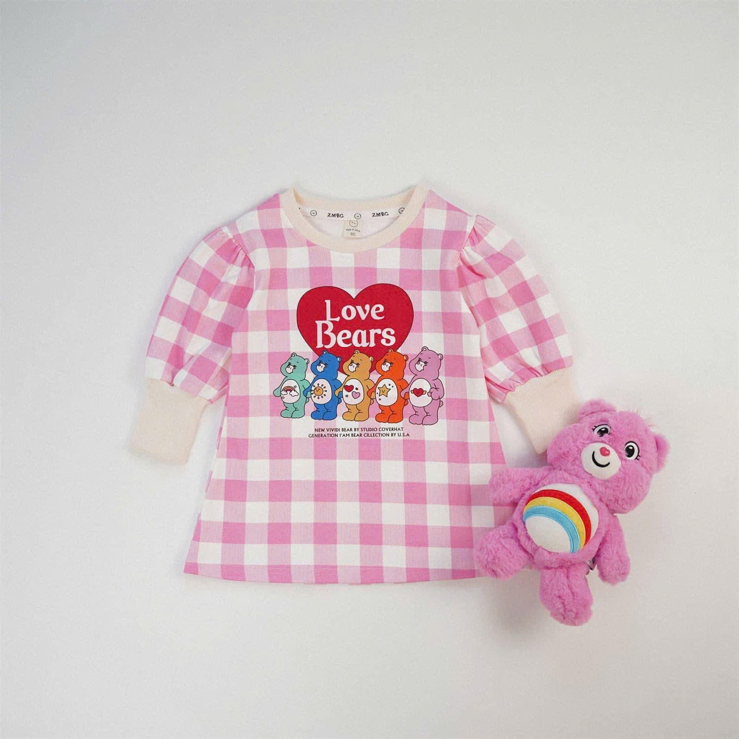 Set 2 váy kẻ LOVE bear bé gái