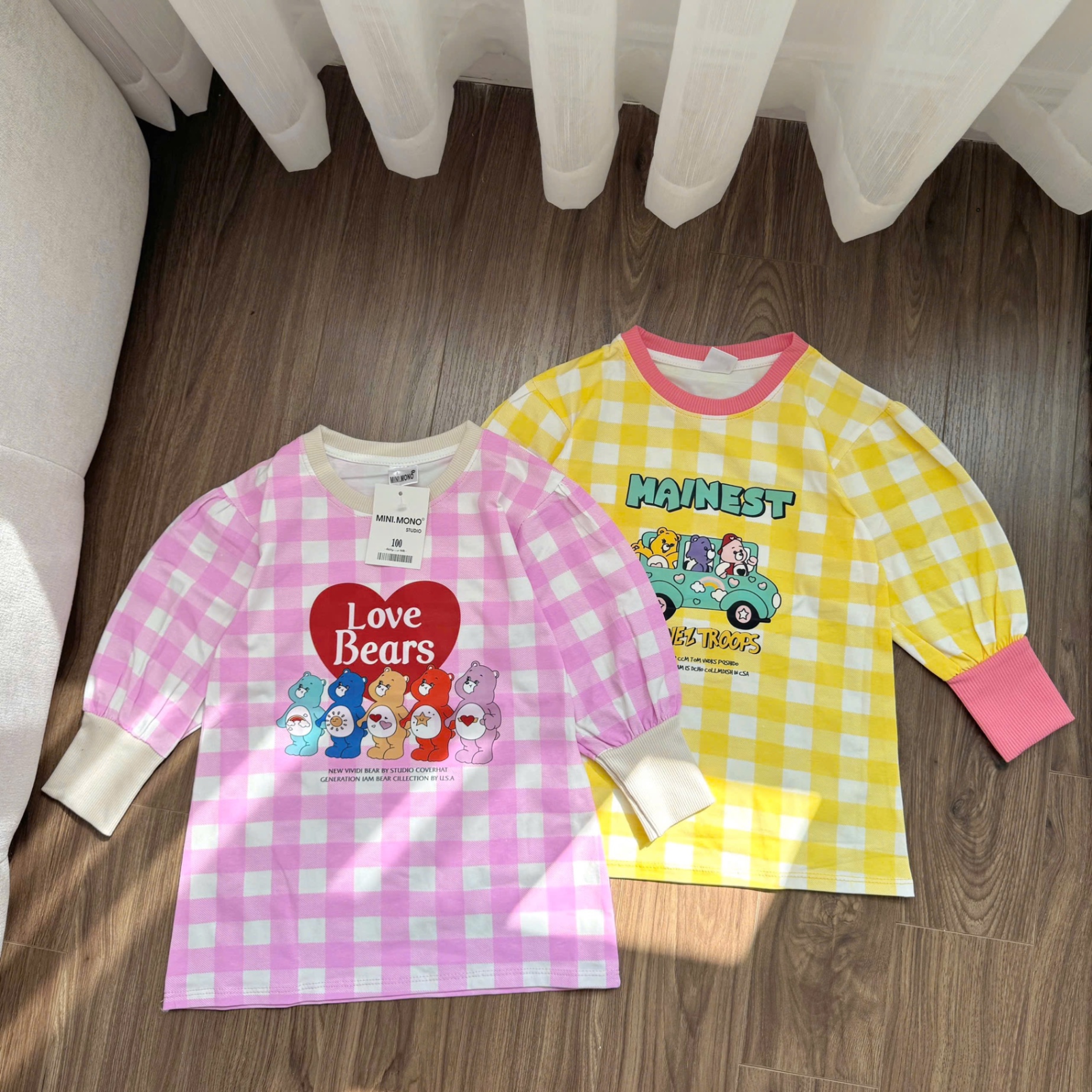 Set 2 váy kẻ LOVE bear bé gái