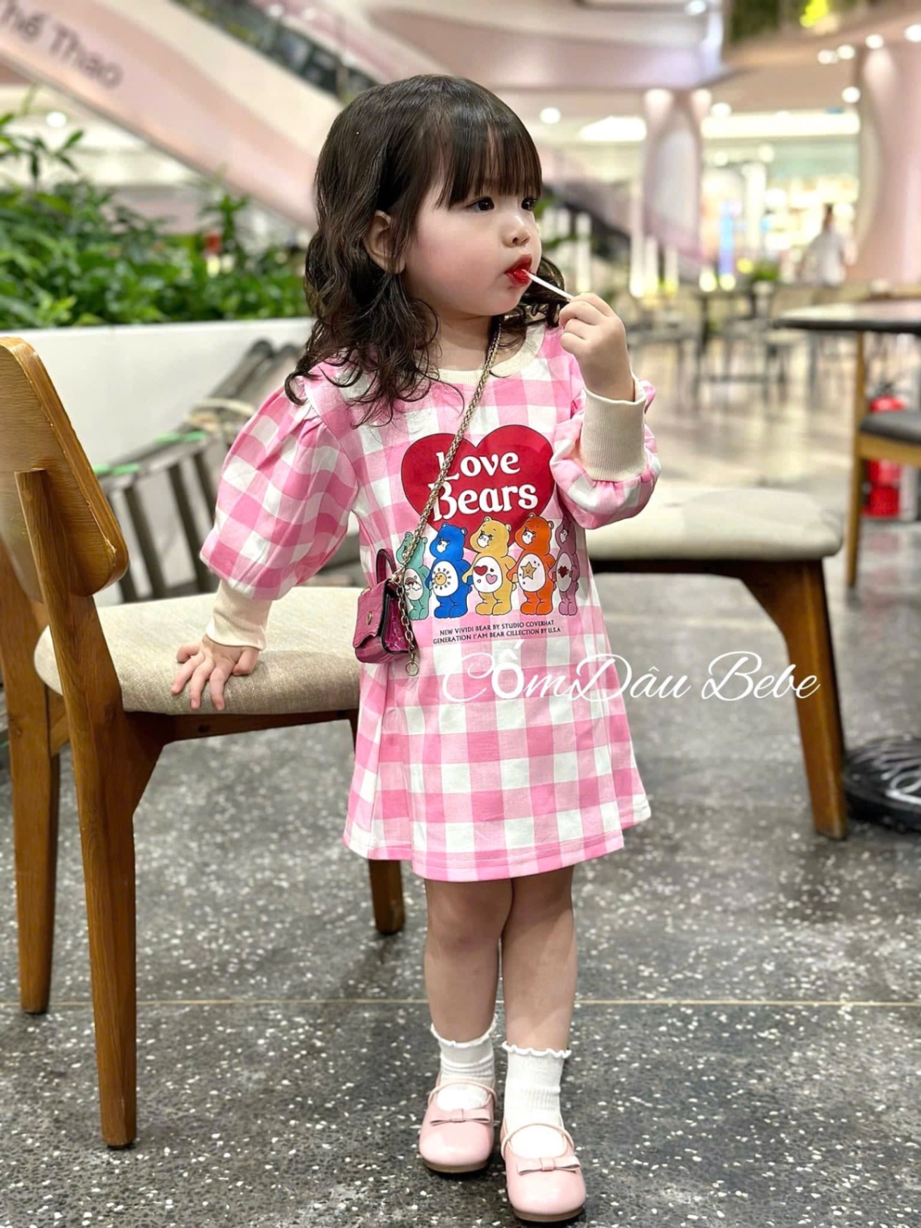 Set 2 váy kẻ LOVE bear bé gái