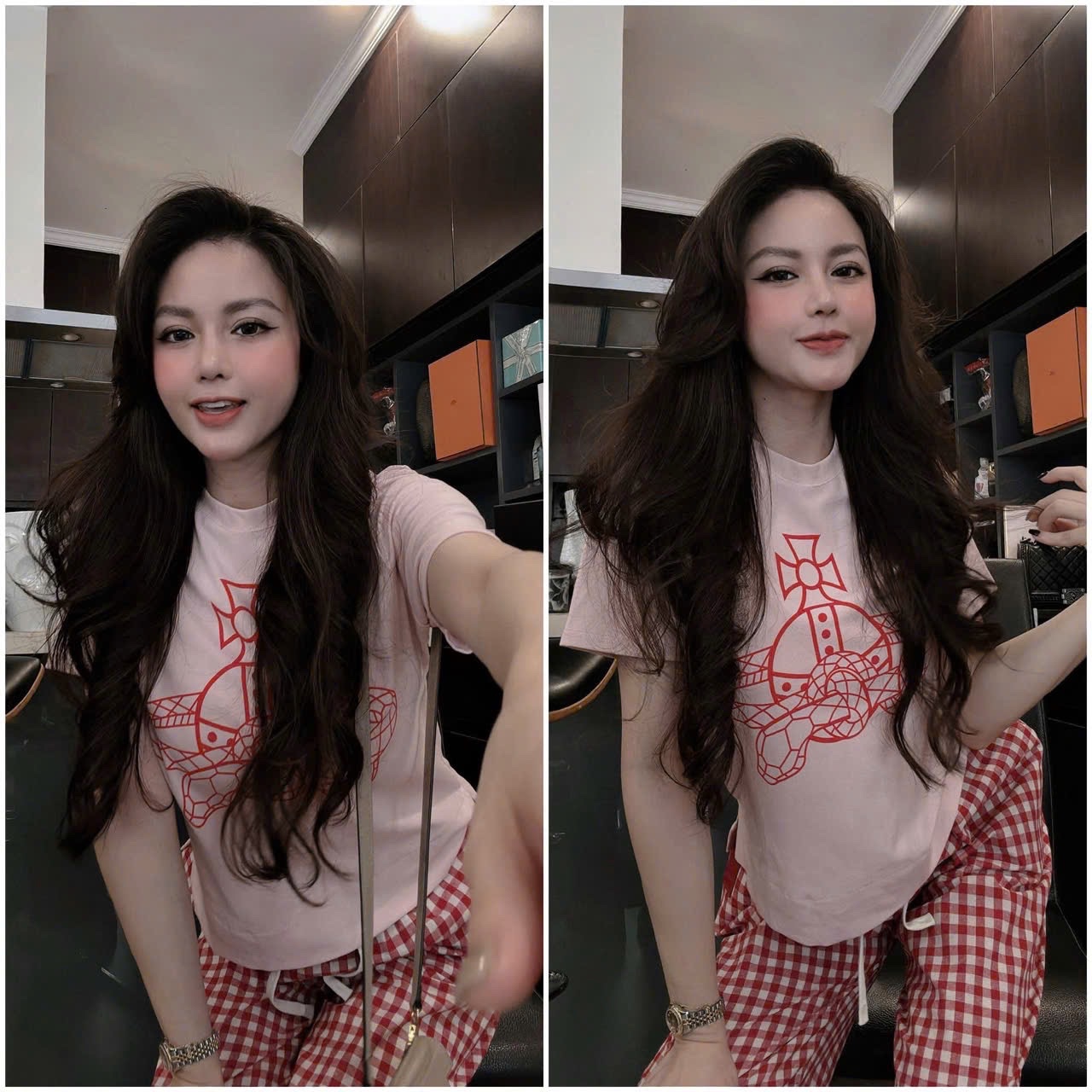B045 bộ áo phông quần Hồng caro