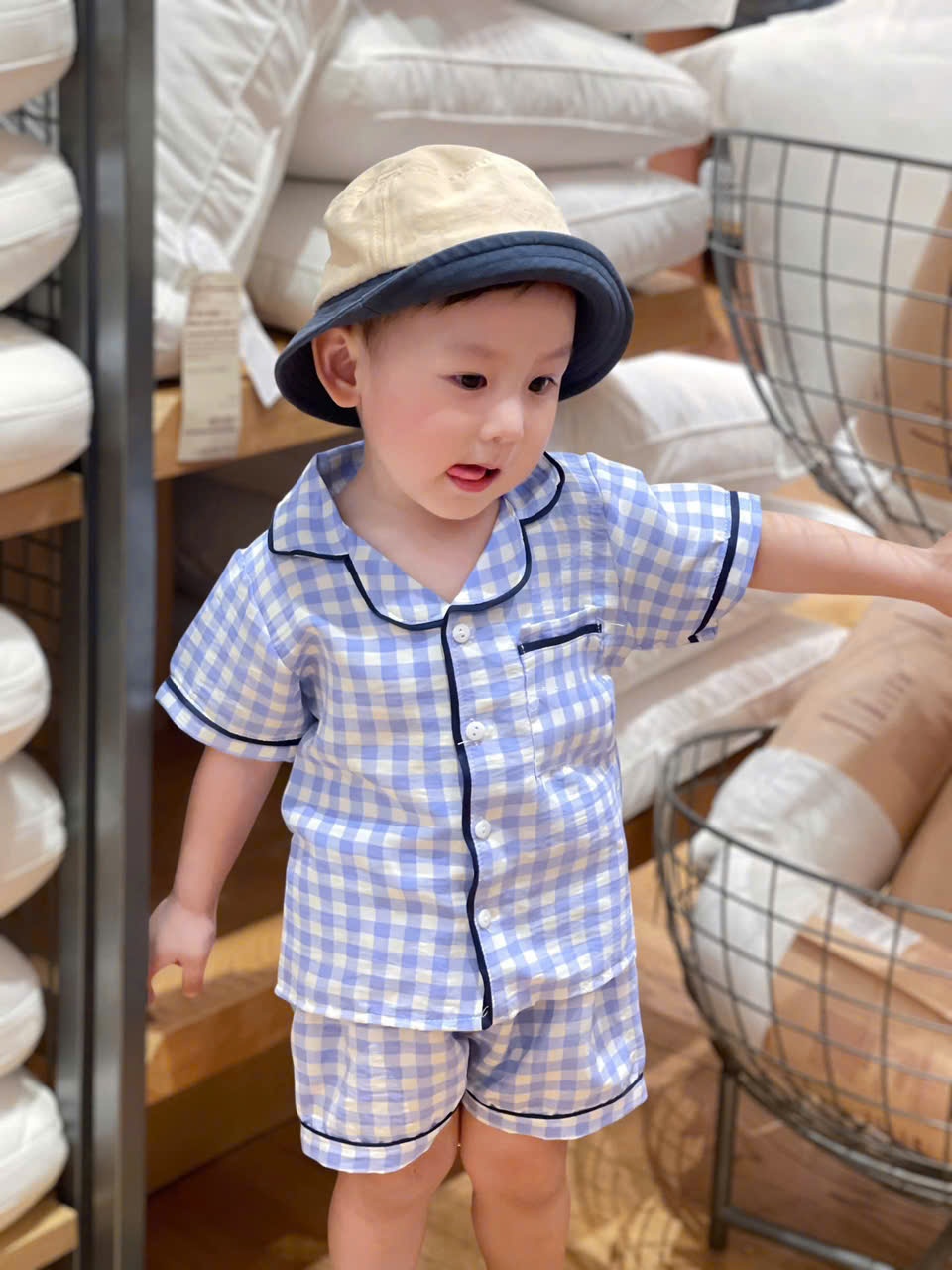 Cv-St44 Set 2 bộ Pijama chất đũi kẻ xanh cho bé trai