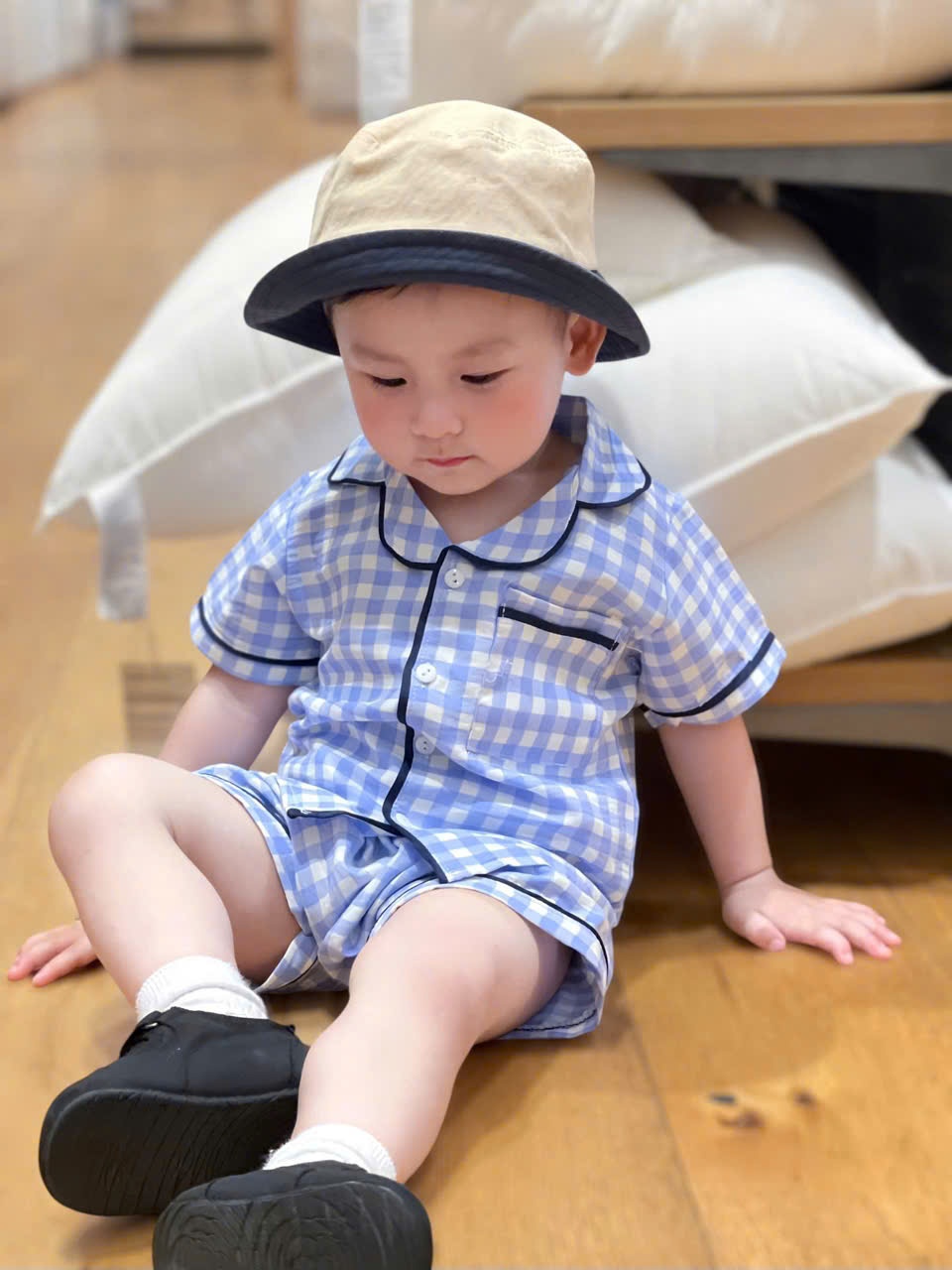 Cv-St44 Set 2 bộ Pijama chất đũi kẻ xanh cho bé trai