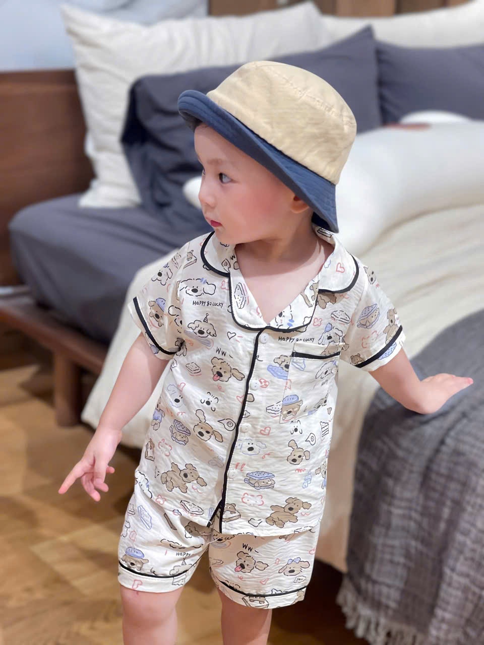 Cv-St44 Set 2 bộ Pijama chất đũi kẻ xanh cho bé trai