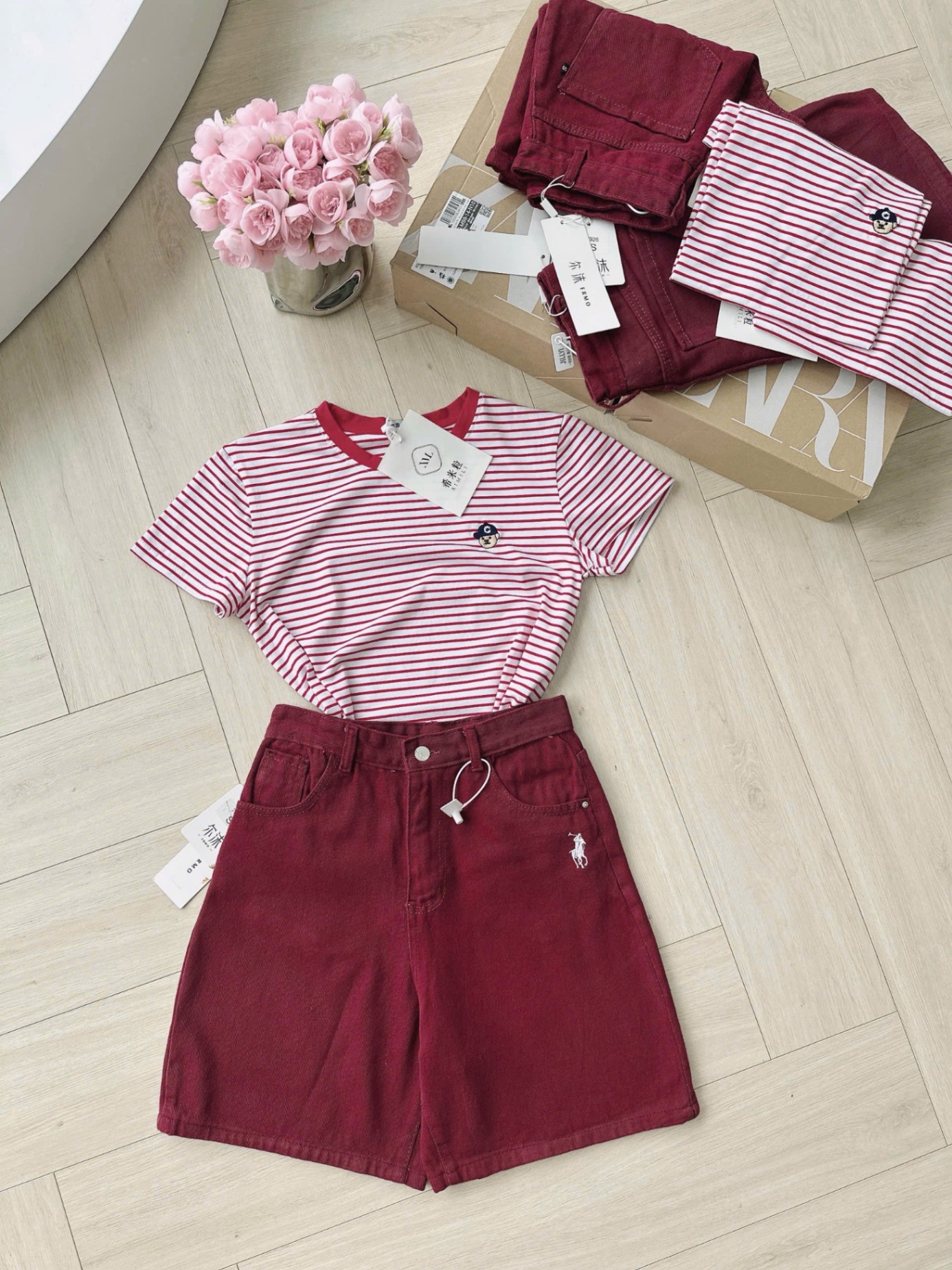 CV-Sn50 Set áo phông & quần Jean short lửng thêu