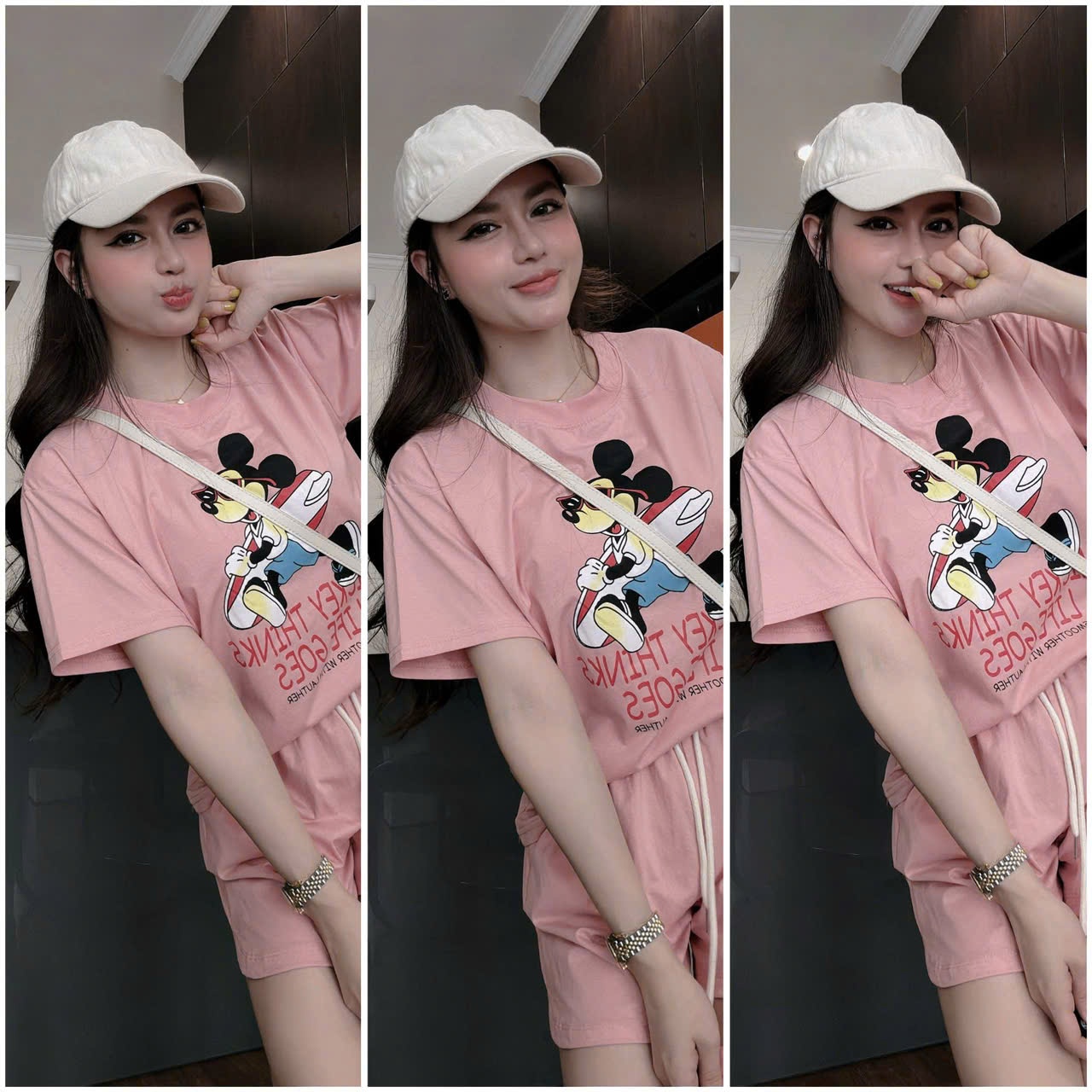 Cv-Sn51 Set cotton Mickey hồng phấn cho nữ
