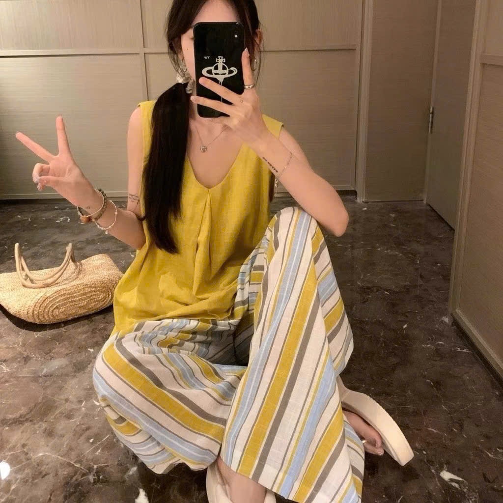 Sb923 Set 3 chi tiết áo vàng kèm chun tóc cho mẹ