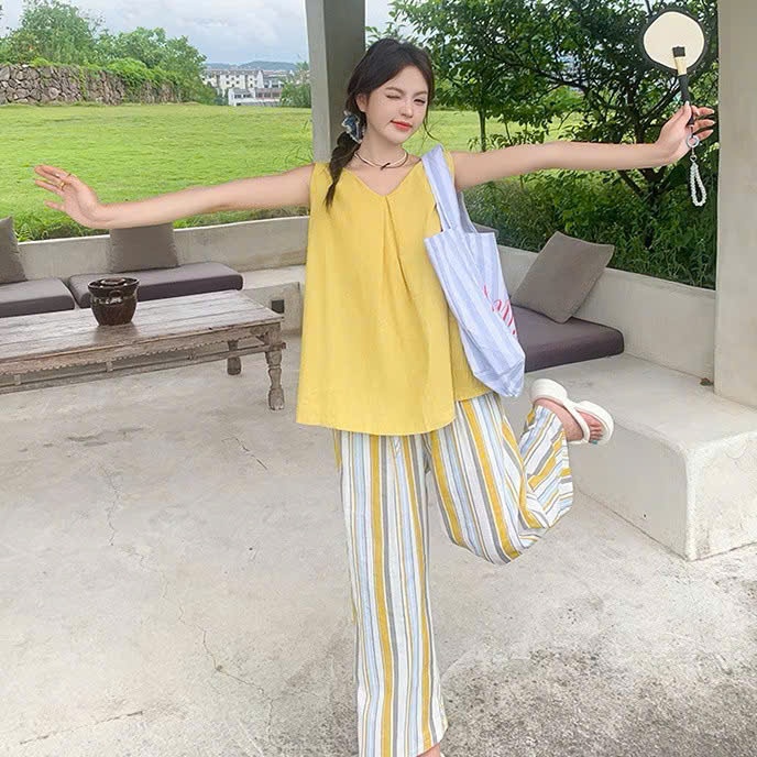 Sb923 Set 3 chi tiết áo vàng kèm chun tóc cho mẹ