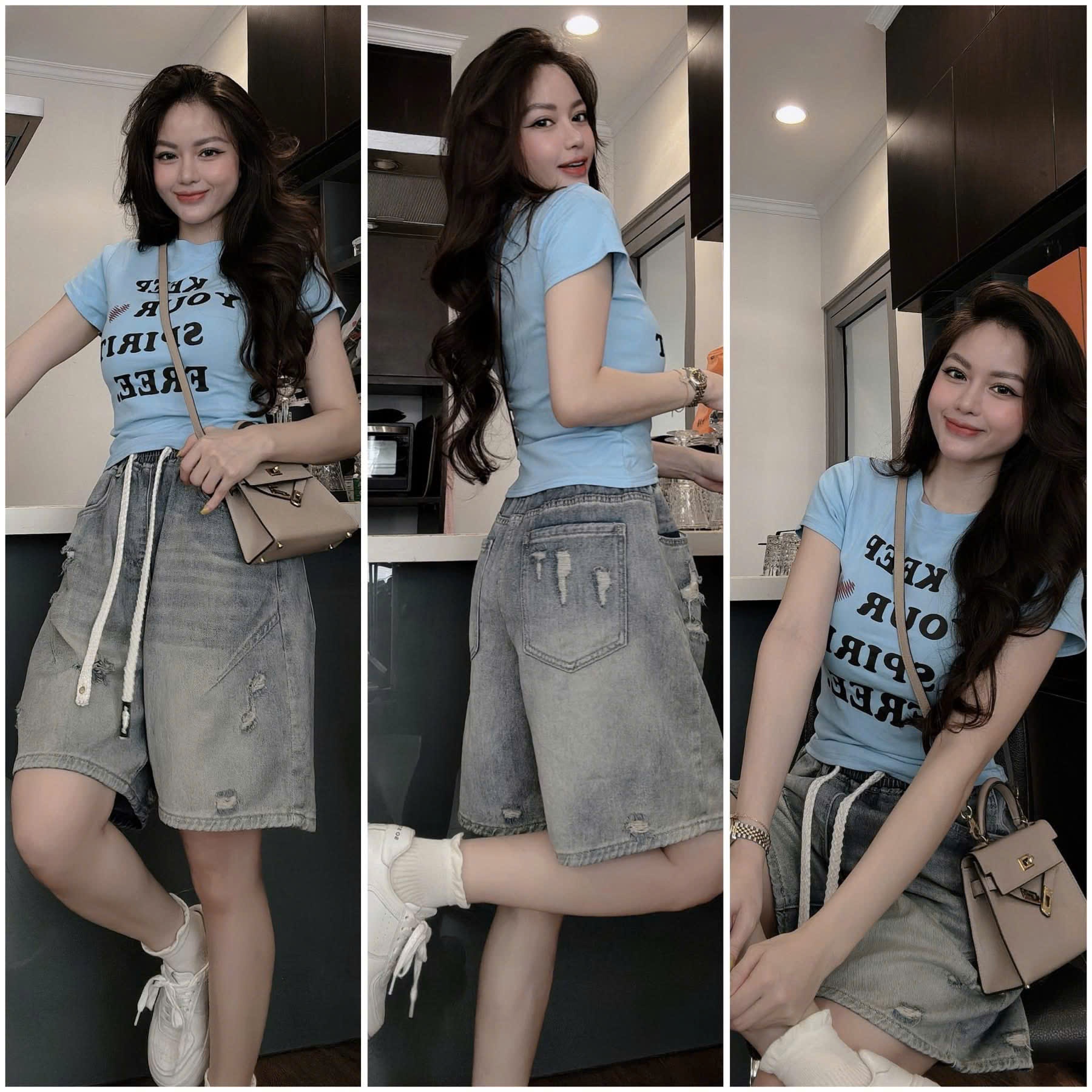 Cv-Sb19 Set áo thun bo tay, quần short Jean basic