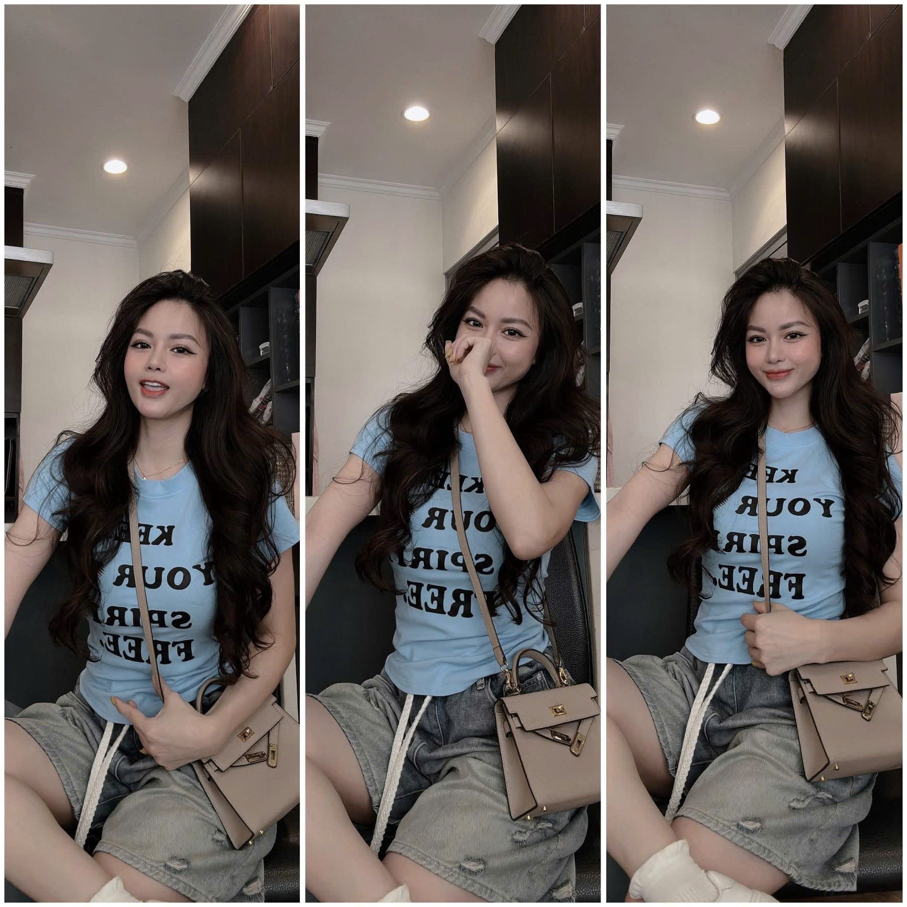 Cv-Sb19 Set áo thun bo tay, quần short Jean basic