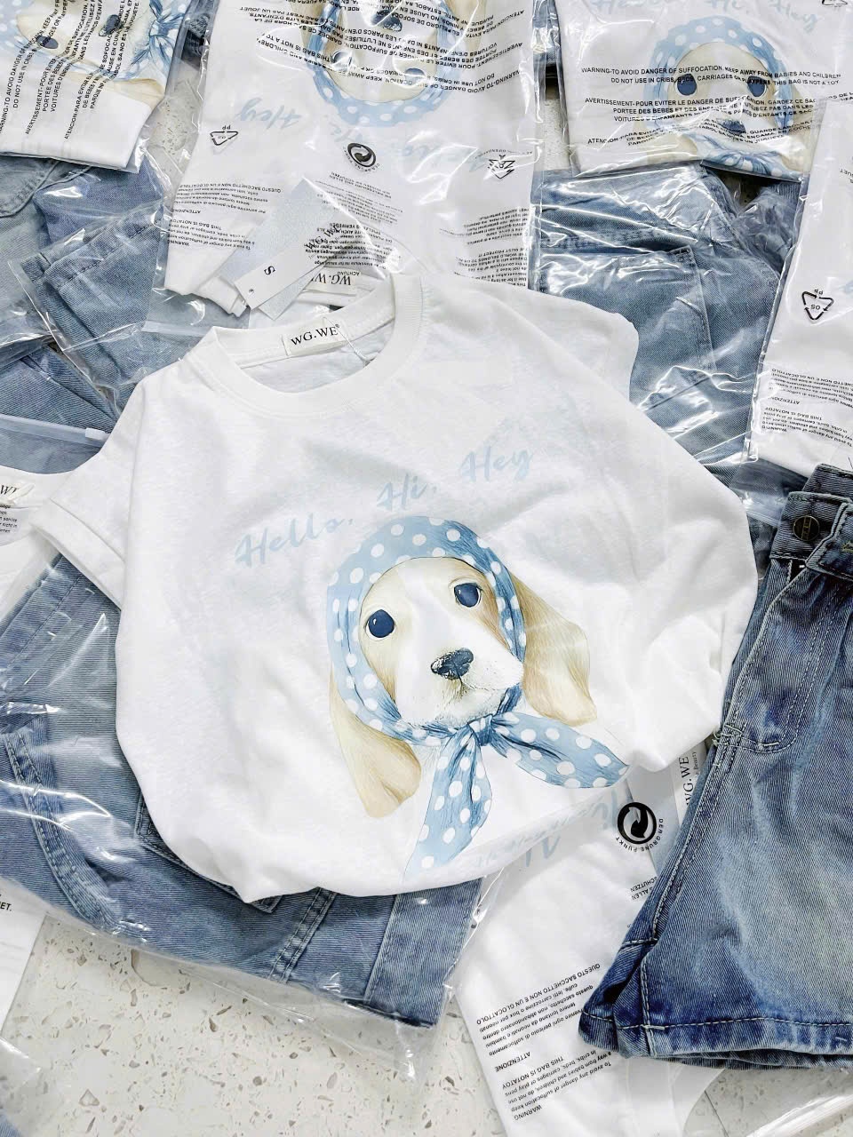 Sqj67 Set áo phông Dog & quần short Jean