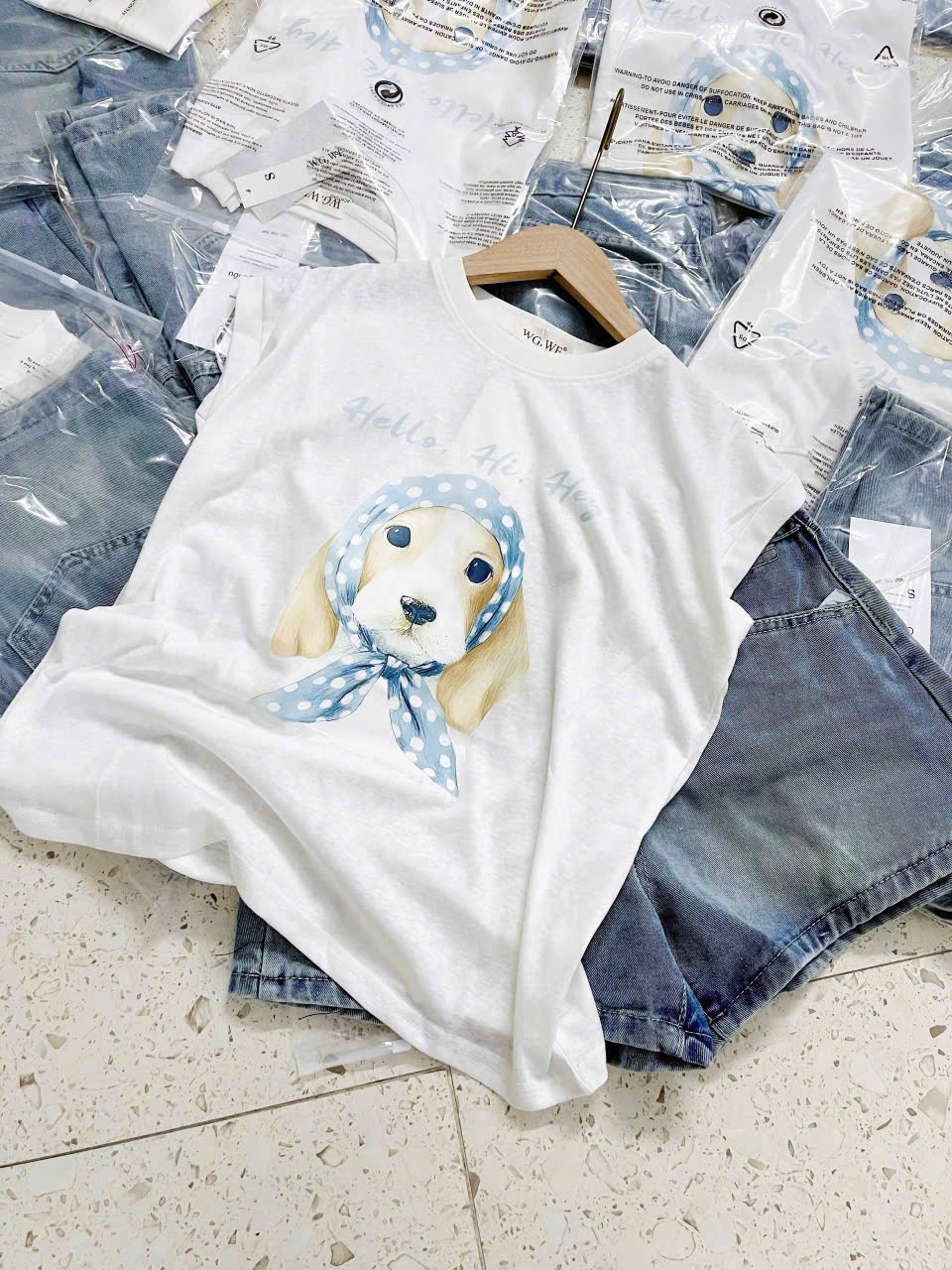 Sqj67 Set áo phông Dog & quần short Jean