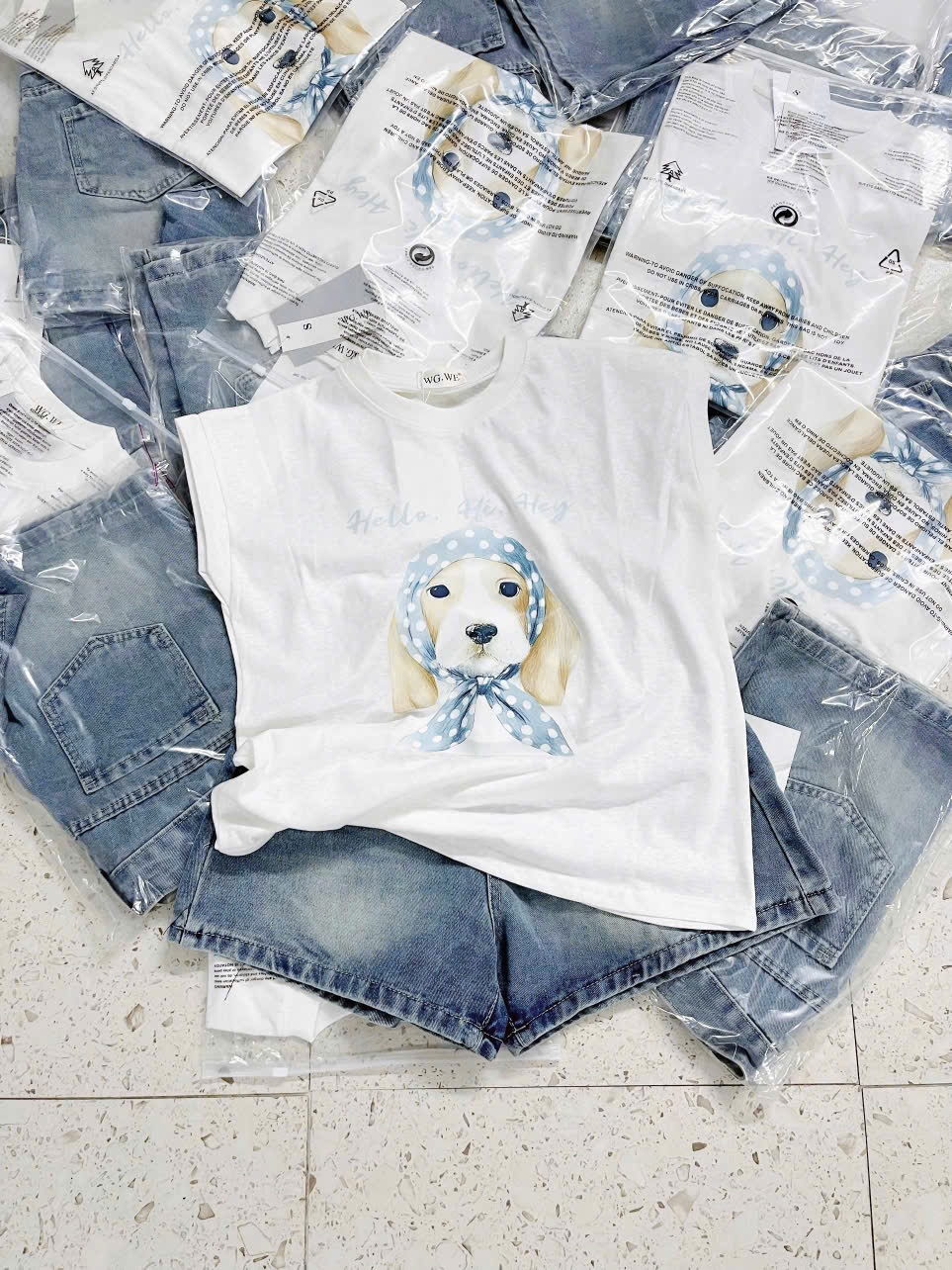 Sqj67 Set áo phông Dog & quần short Jean