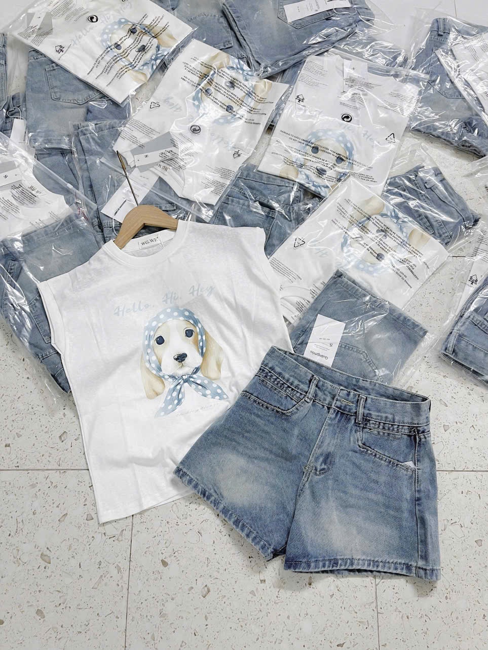 Sqj67 Set áo phông Dog & quần short Jean