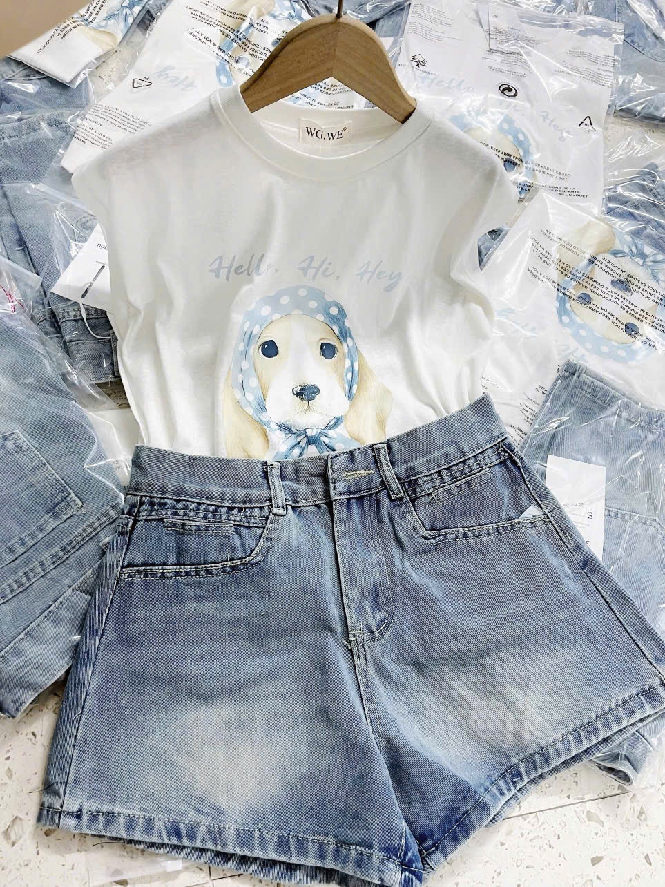Sqj67 Set áo phông Dog & quần short Jean