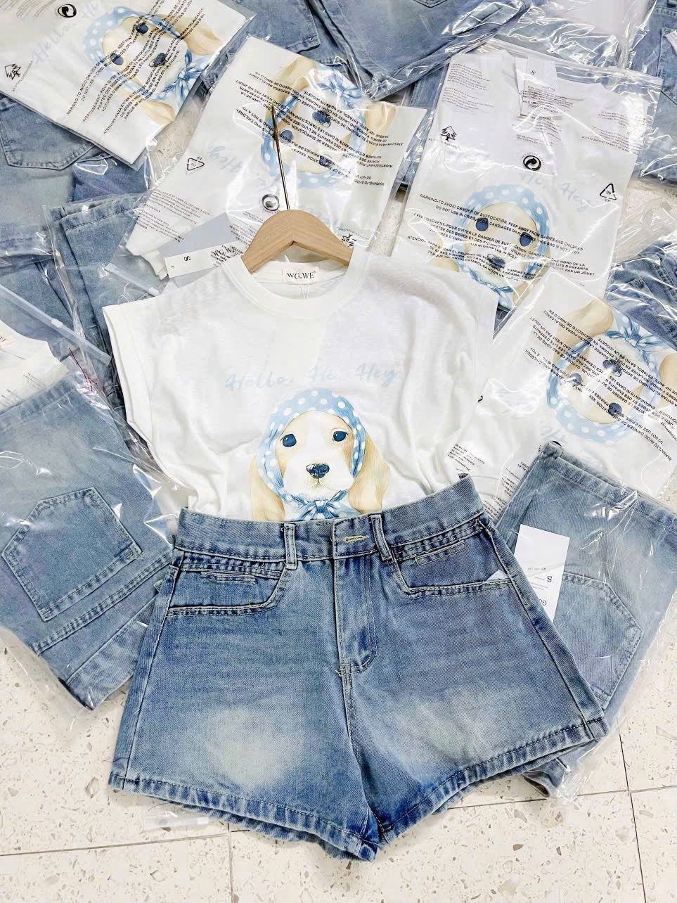 Sqj67 Set áo phông Dog & quần short Jean