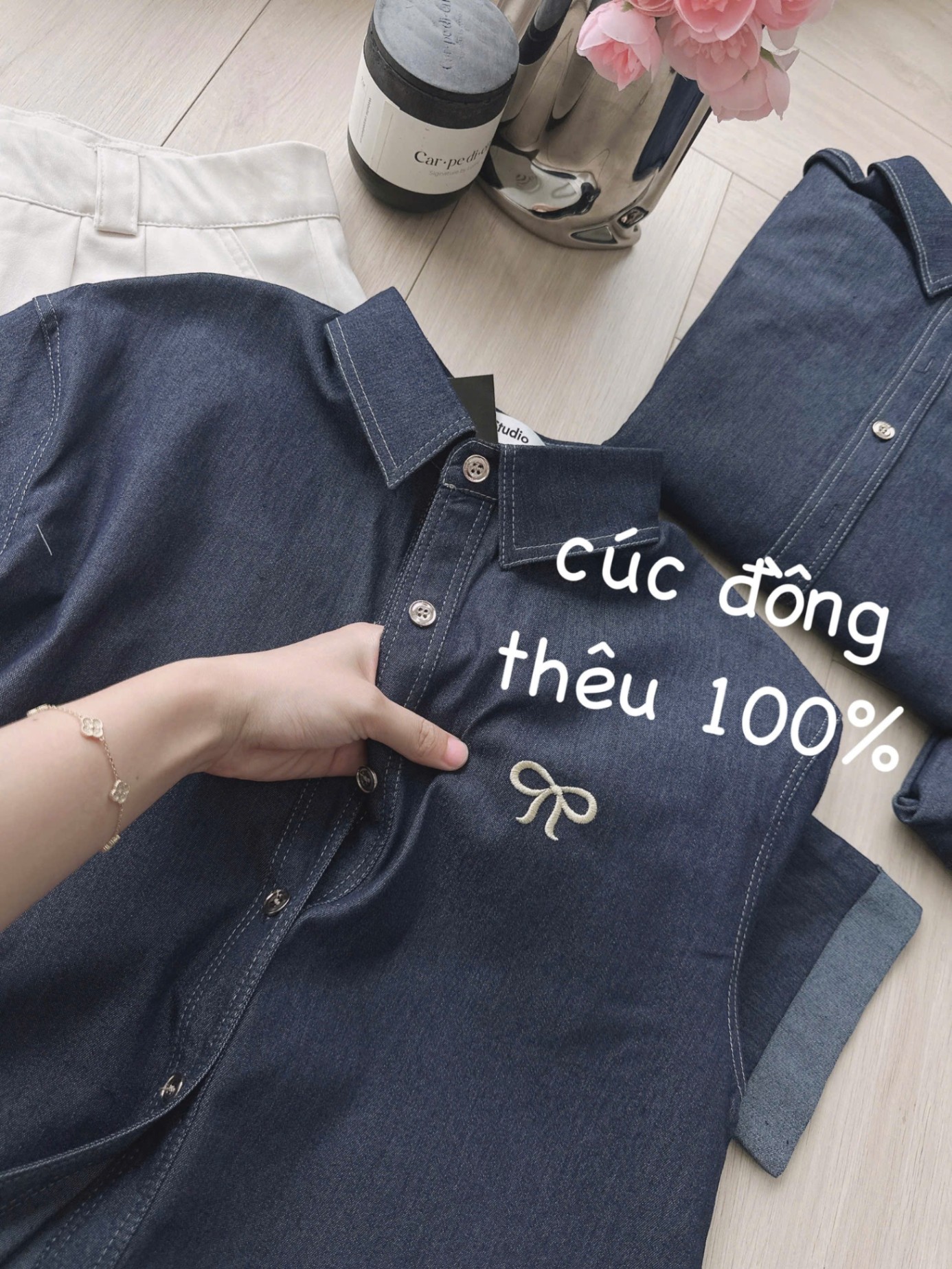 Bdn90 Set áo denim phối short trắng