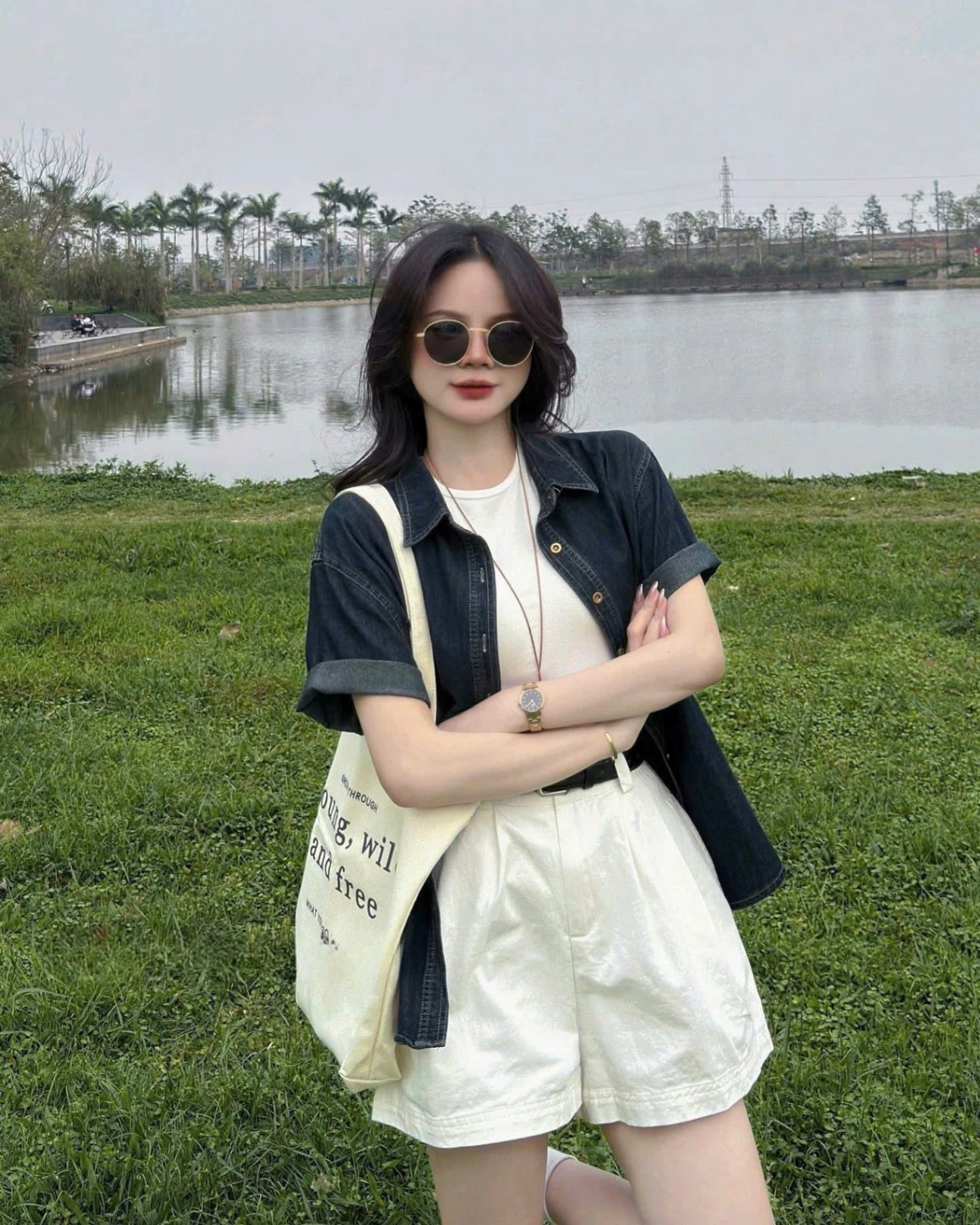Bdn90 Set áo denim phối short trắng