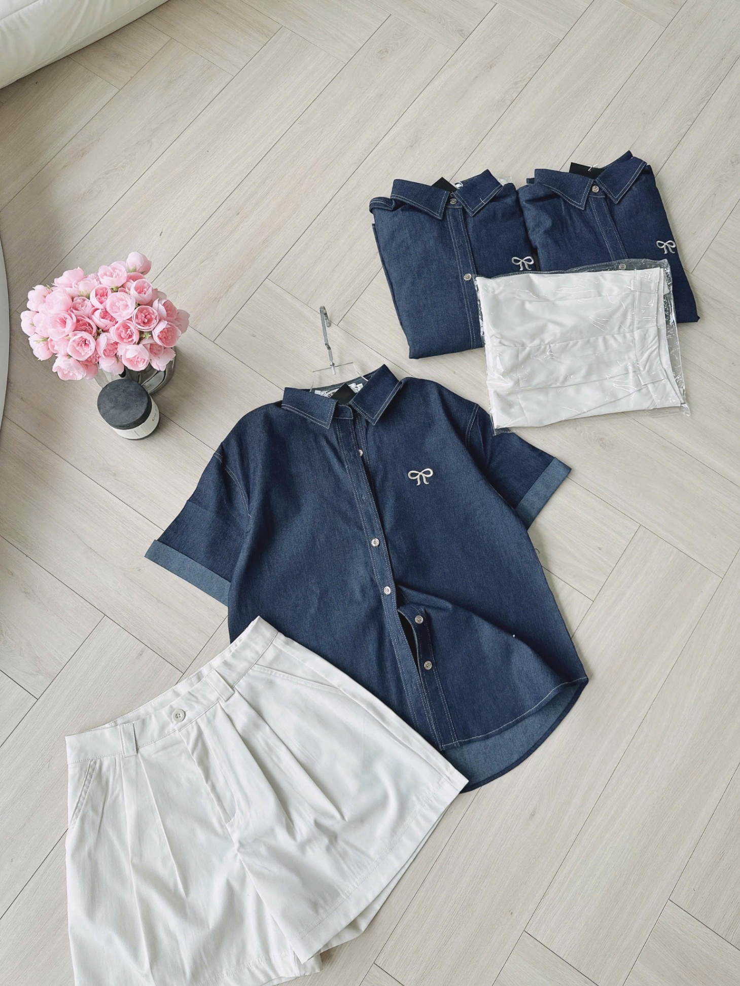 Bdn90 Set áo denim phối short trắng